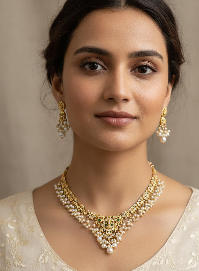Elegant South Indian Temple Jewelry Pearl Necklace Set