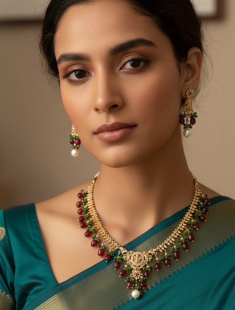 Premium South Indian Temple Jewelry Necklace Set with Lakshmi Pendant