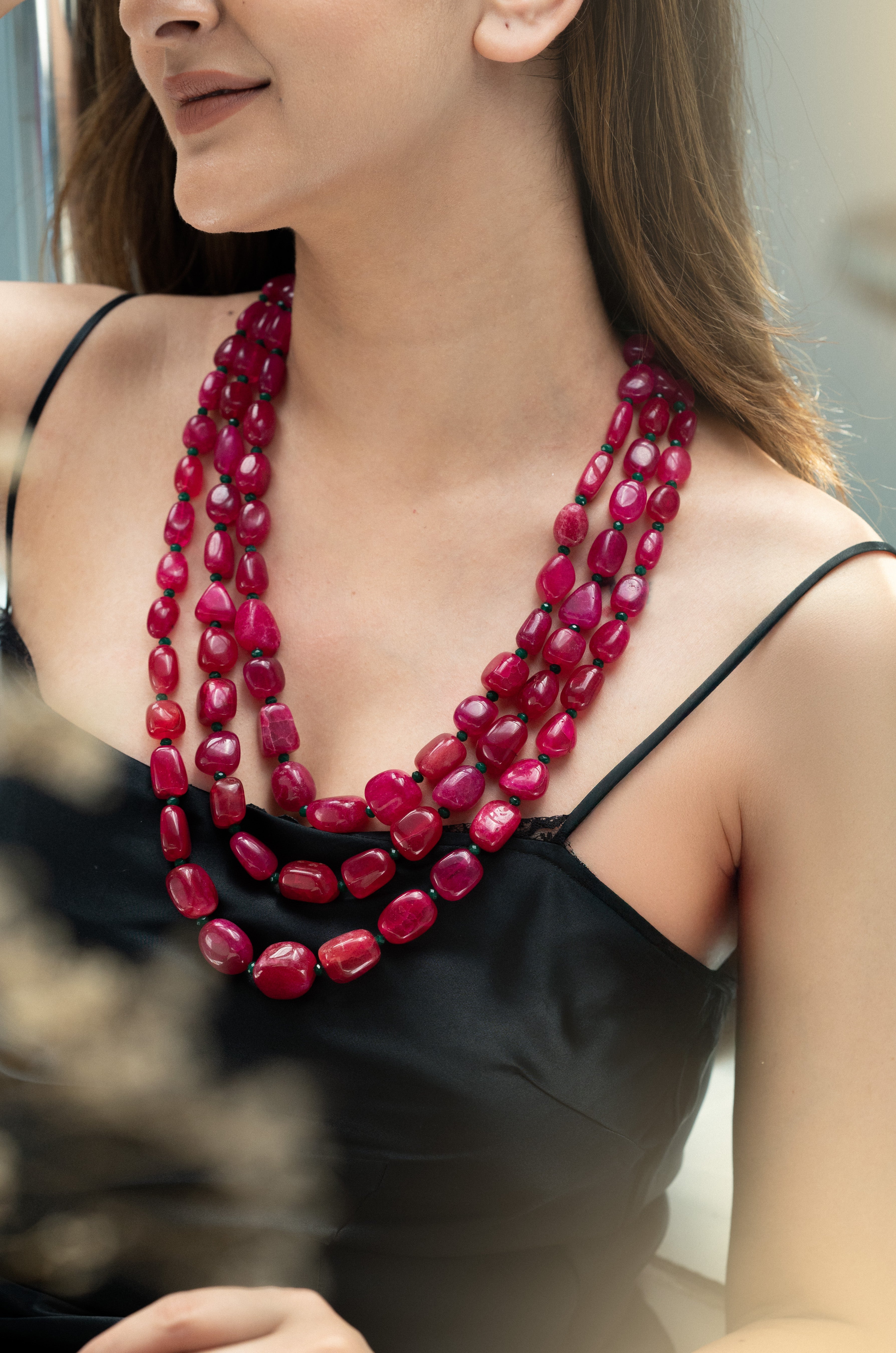 Ruby Red Color Bead Three Layered Necklace