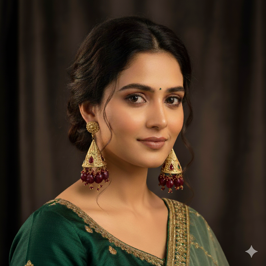 Floral Design & Ruby Stone Gold Jhumki Earrings