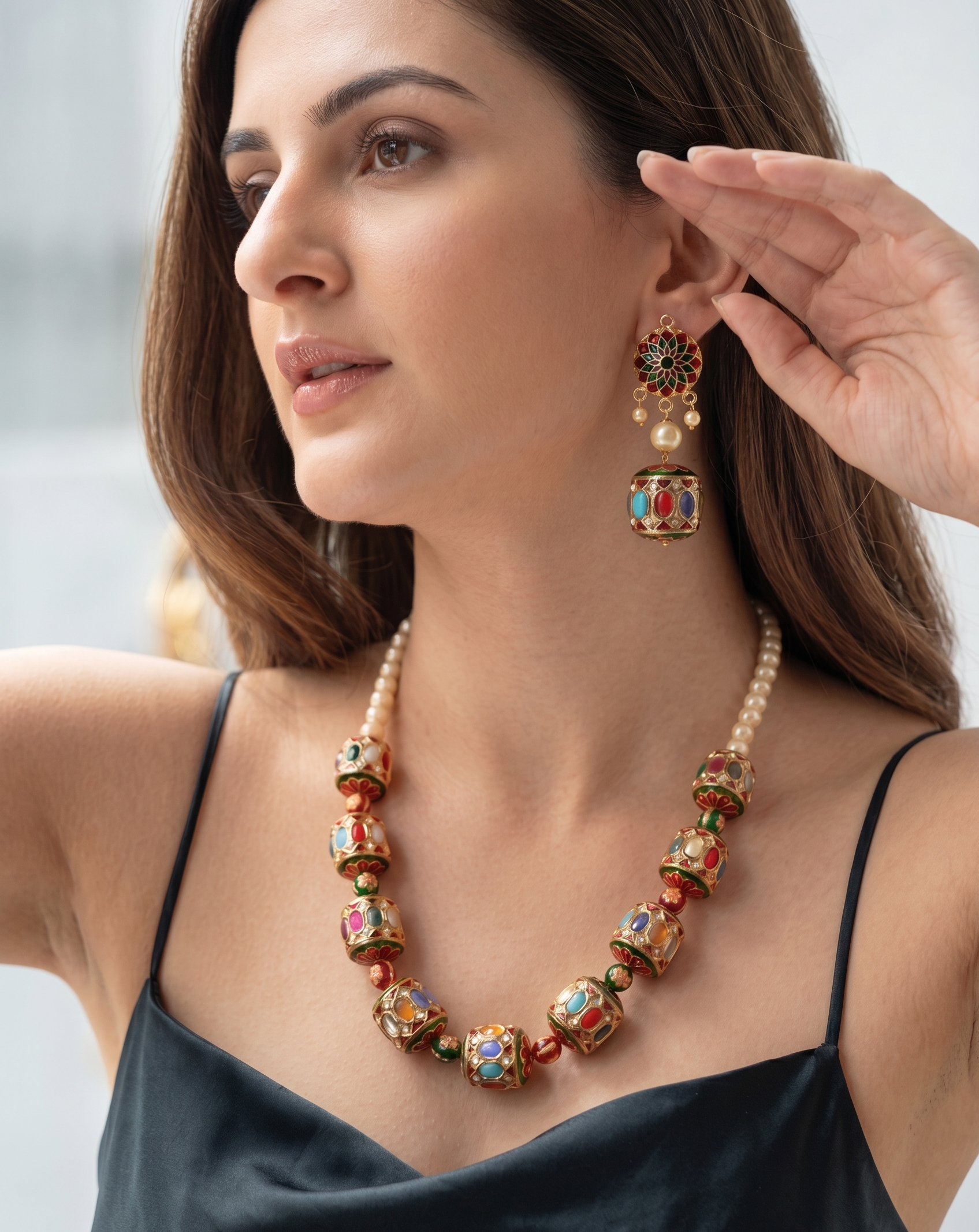 Navratana Jadau Beads Necklace With Earrings