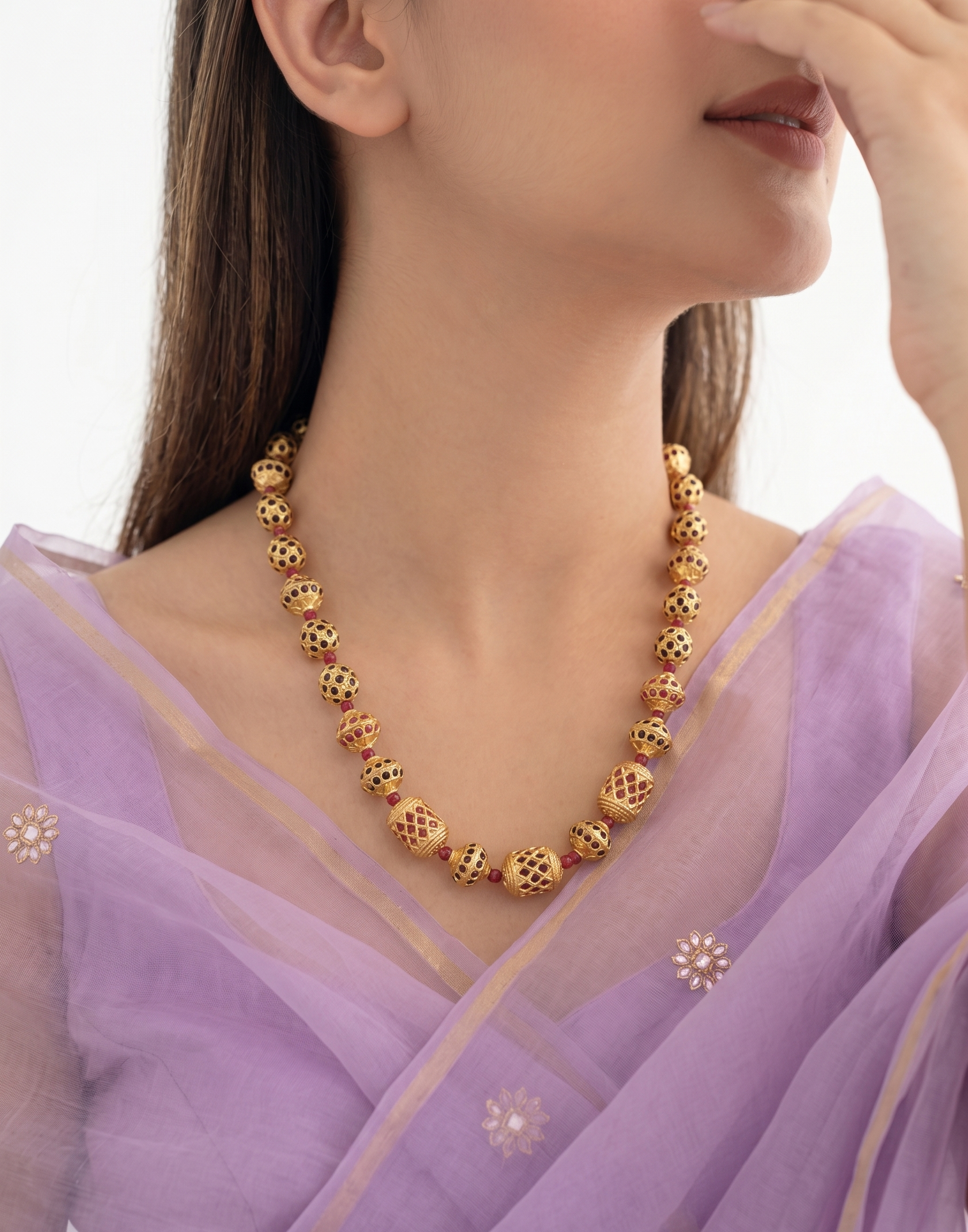 Red Blue Jadau Beaded Necklace