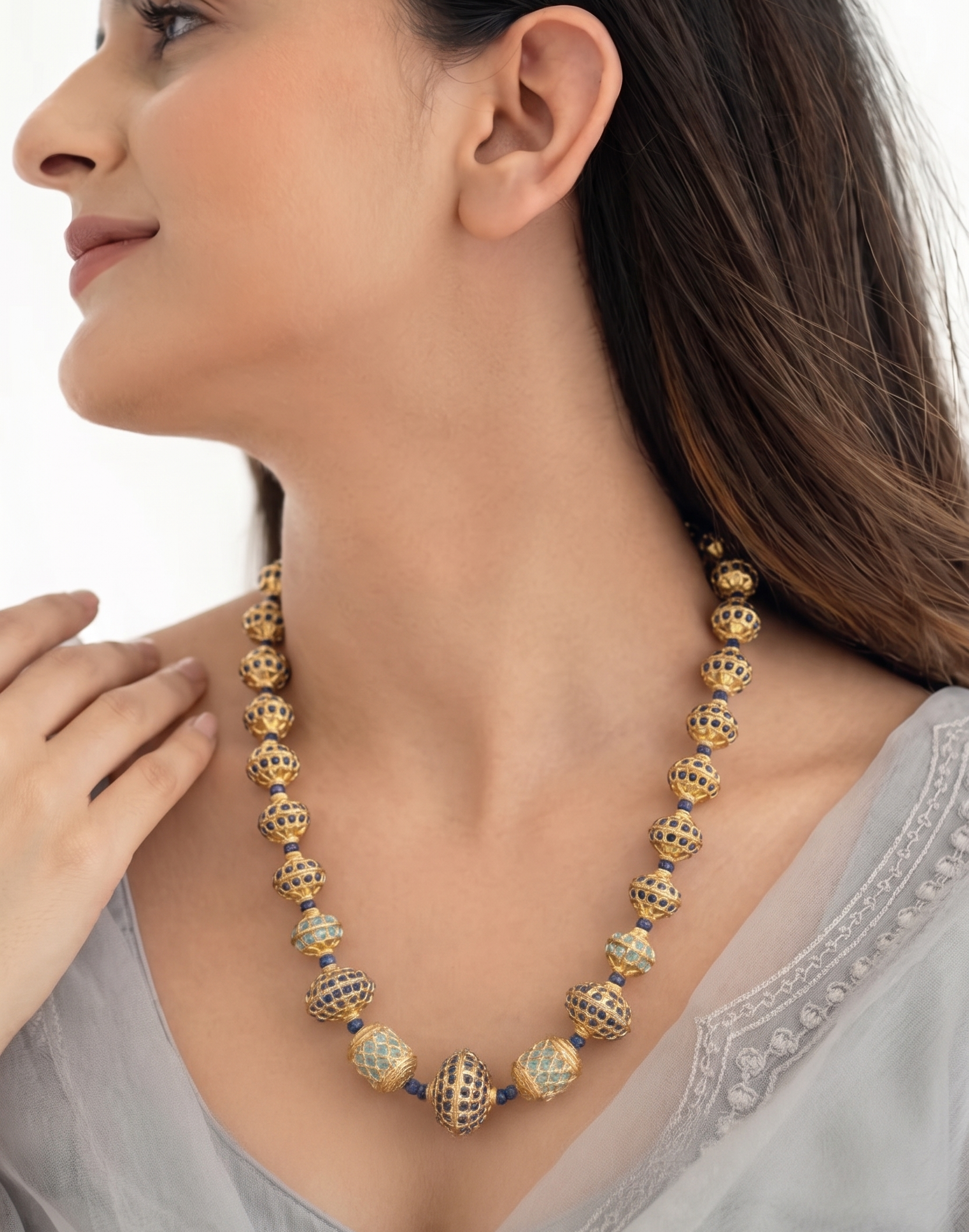 Dark Blue and Turquoise Jadau Beaded Necklace
