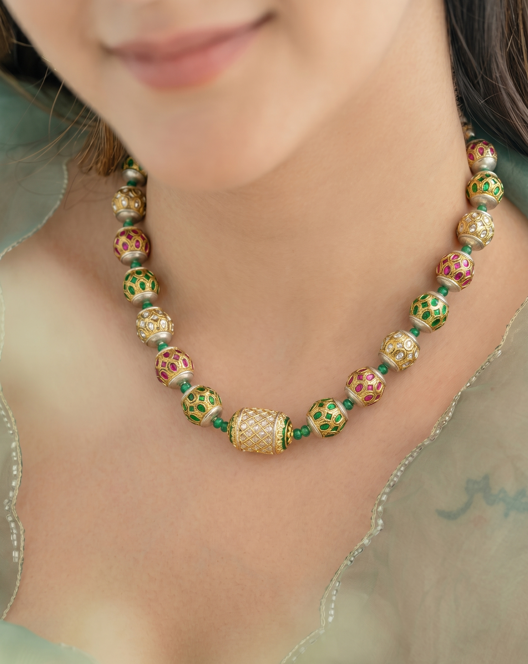 Real Pearl Jadau Bead Necklace With Earrings
