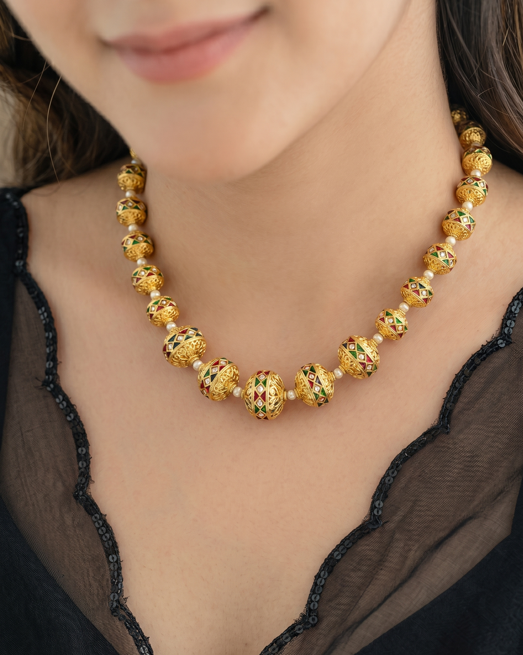 Gold Tone Real Pearl Bead Jadau Necklace