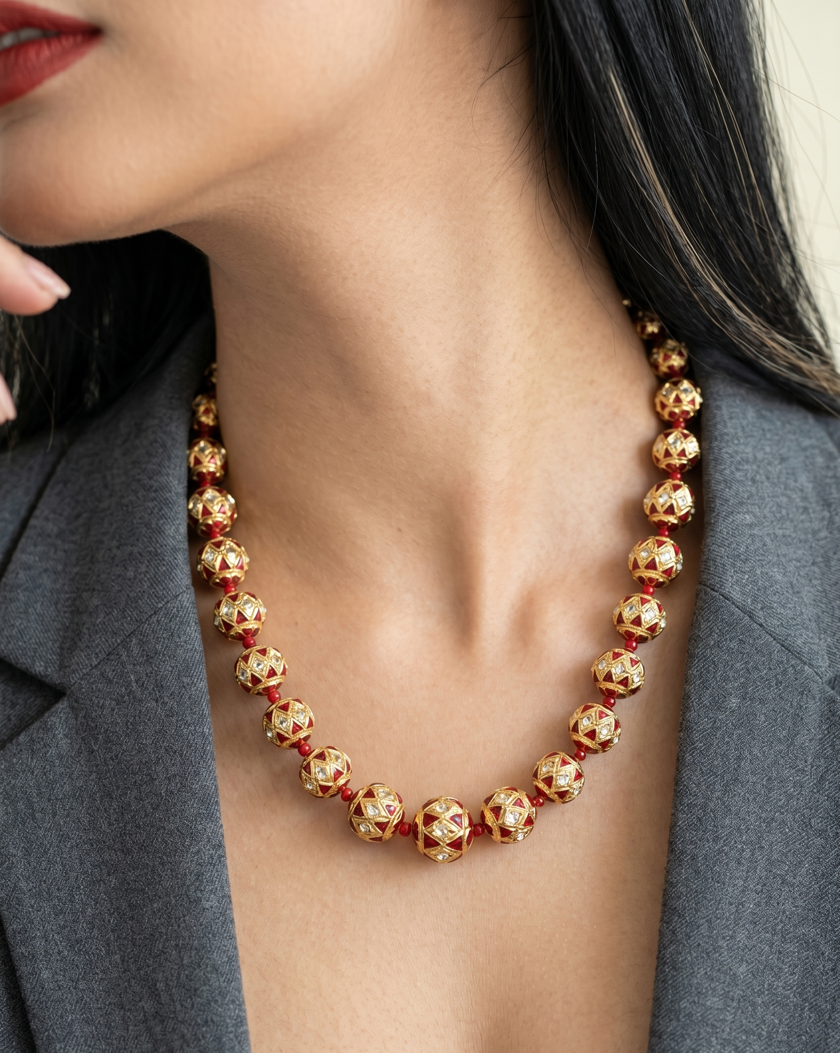 Maroon Meenakari Beaded Necklace With Earrings