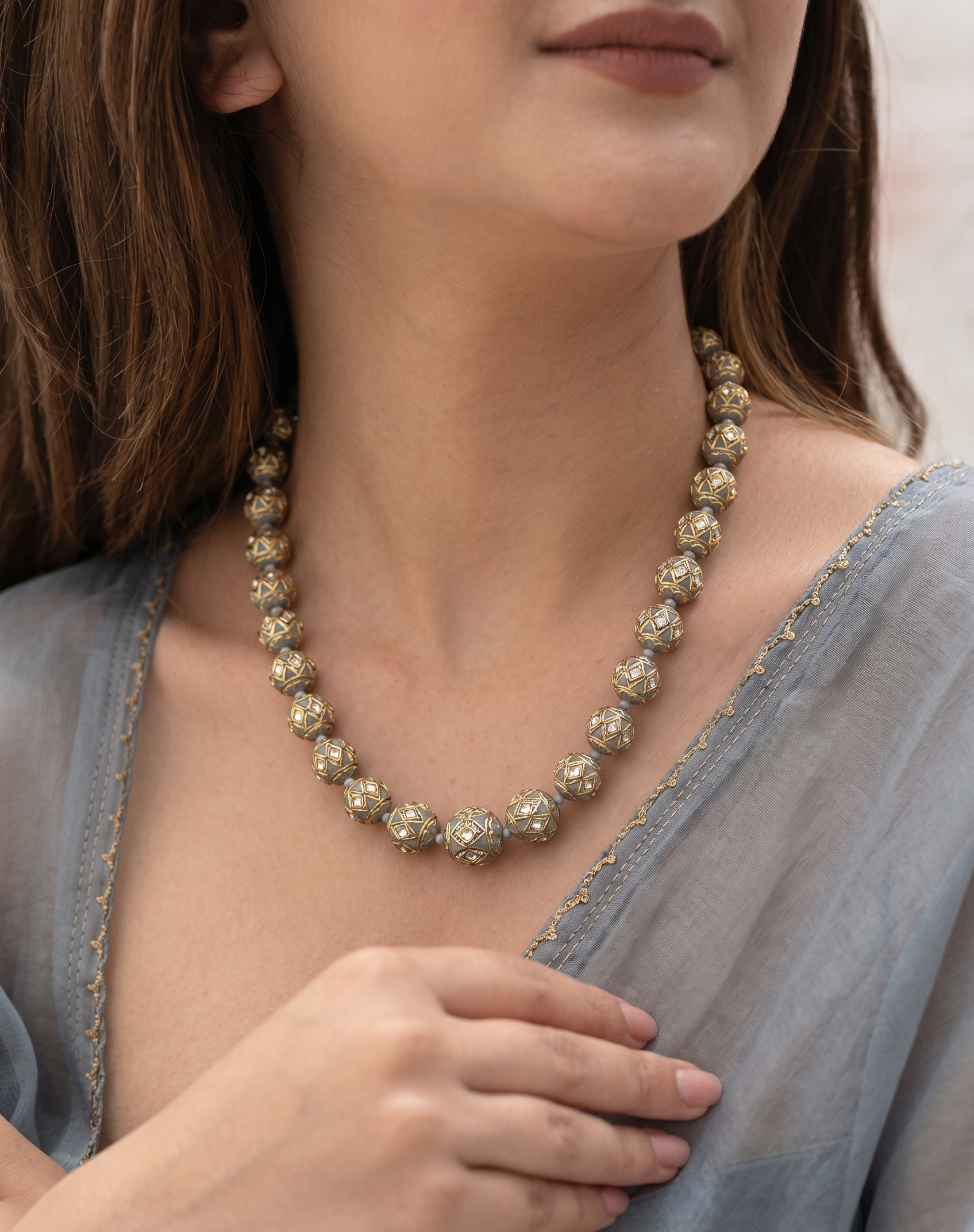 Grey Meenakari Beaded Necklace With Earrings