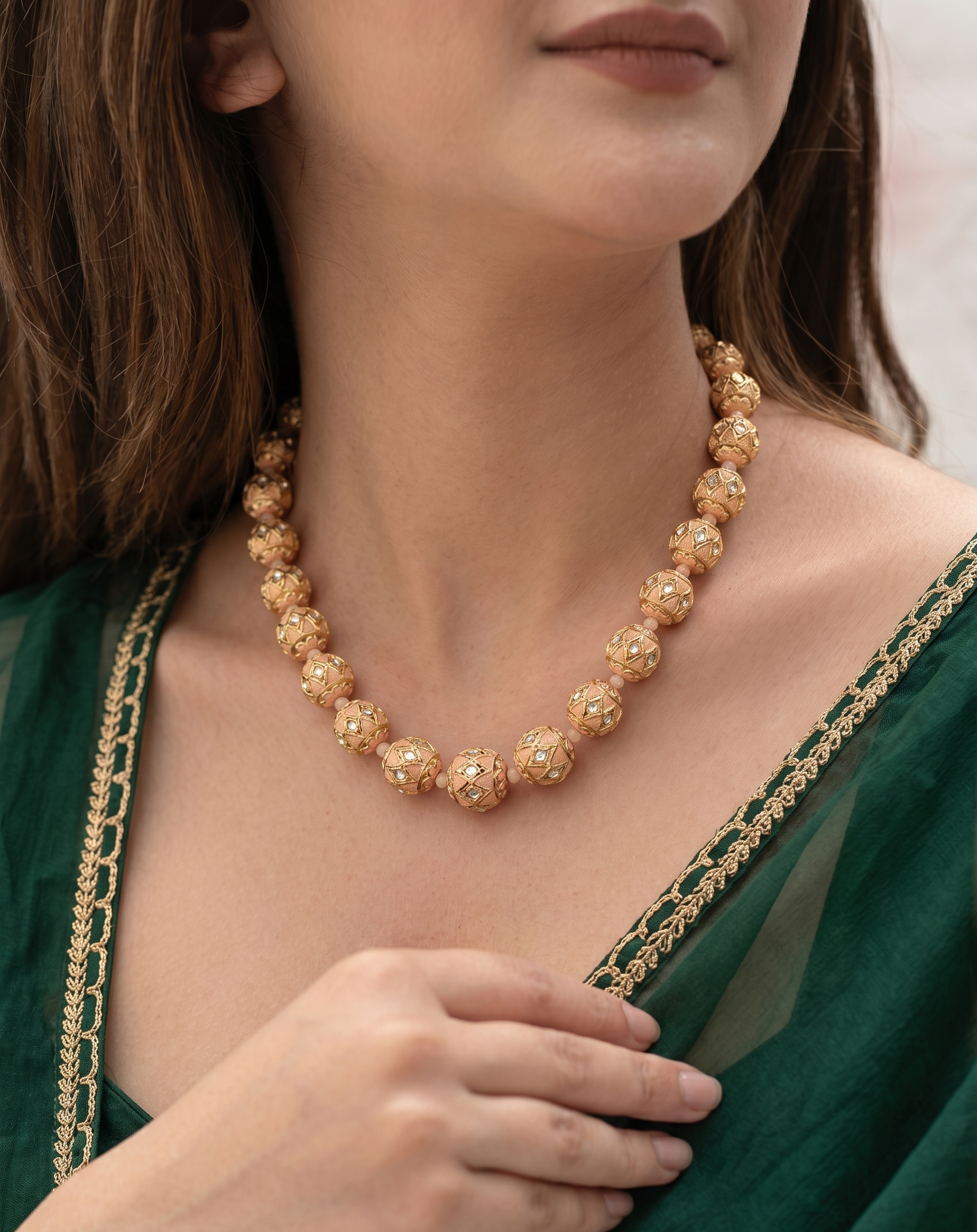 Baby Pink Meenakari Beaded Necklace With Earrings