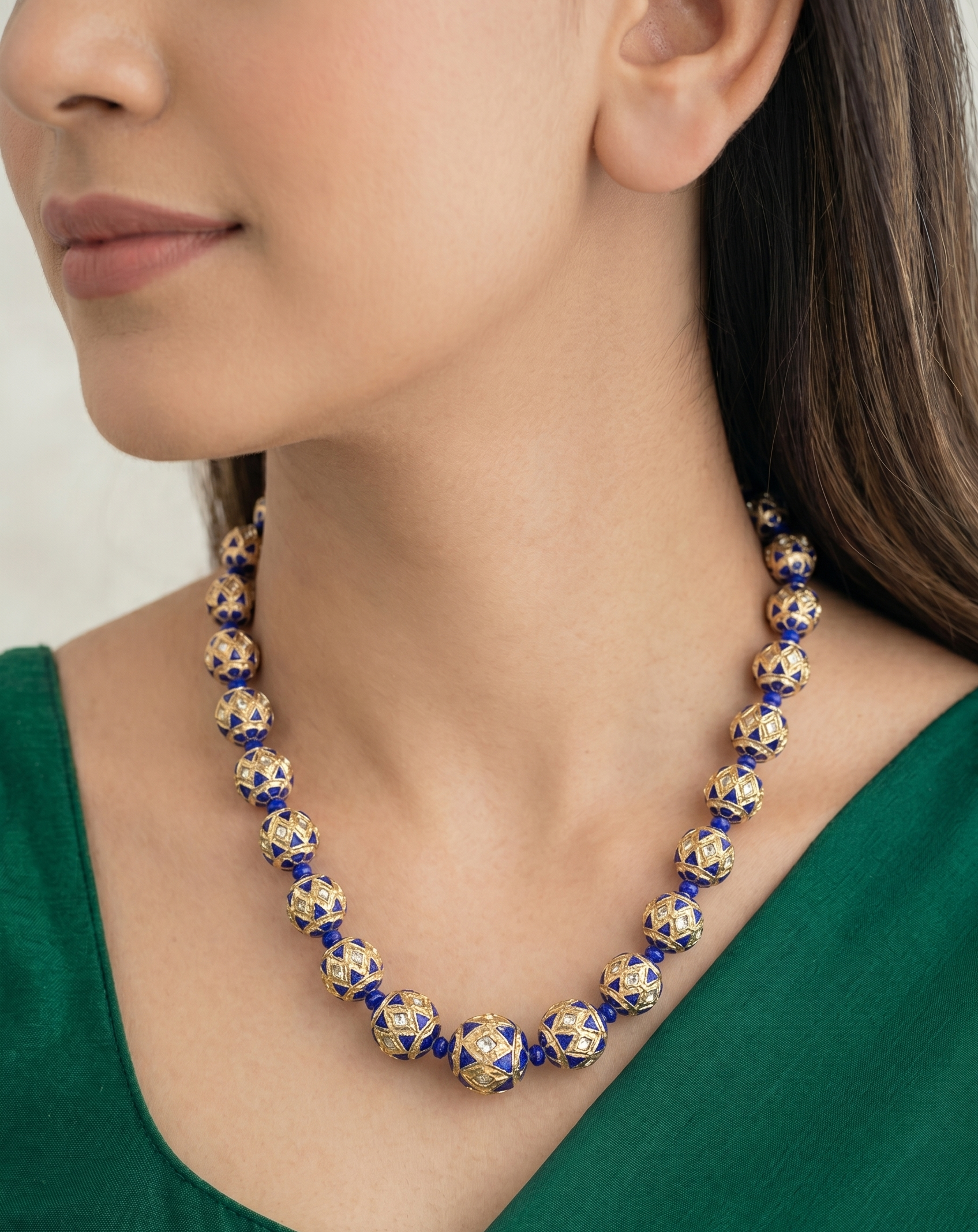 Dark Blue Meenakari Beaded Necklace With Earrings