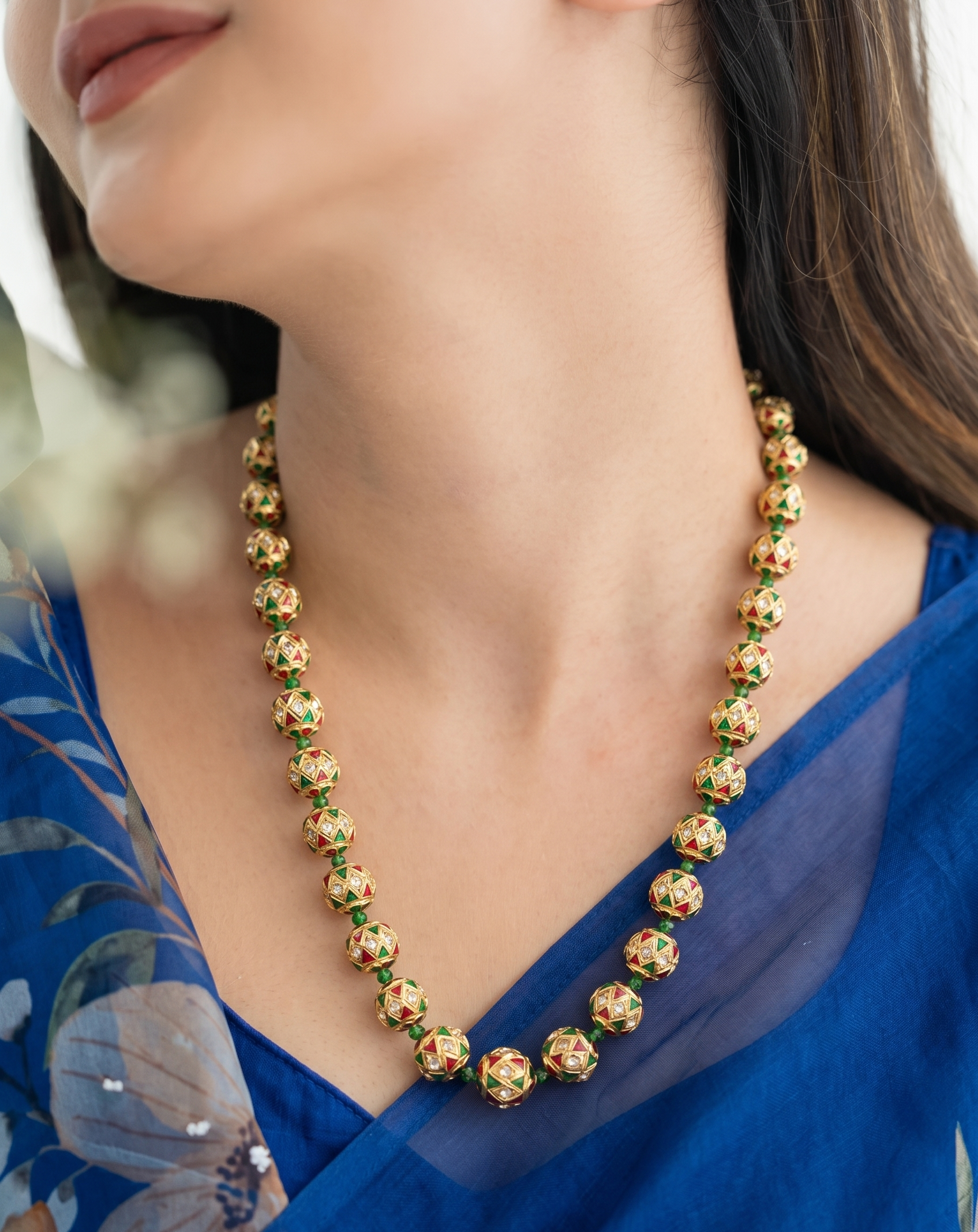 Red Green Meenakari Beaded Necklace With Earrings