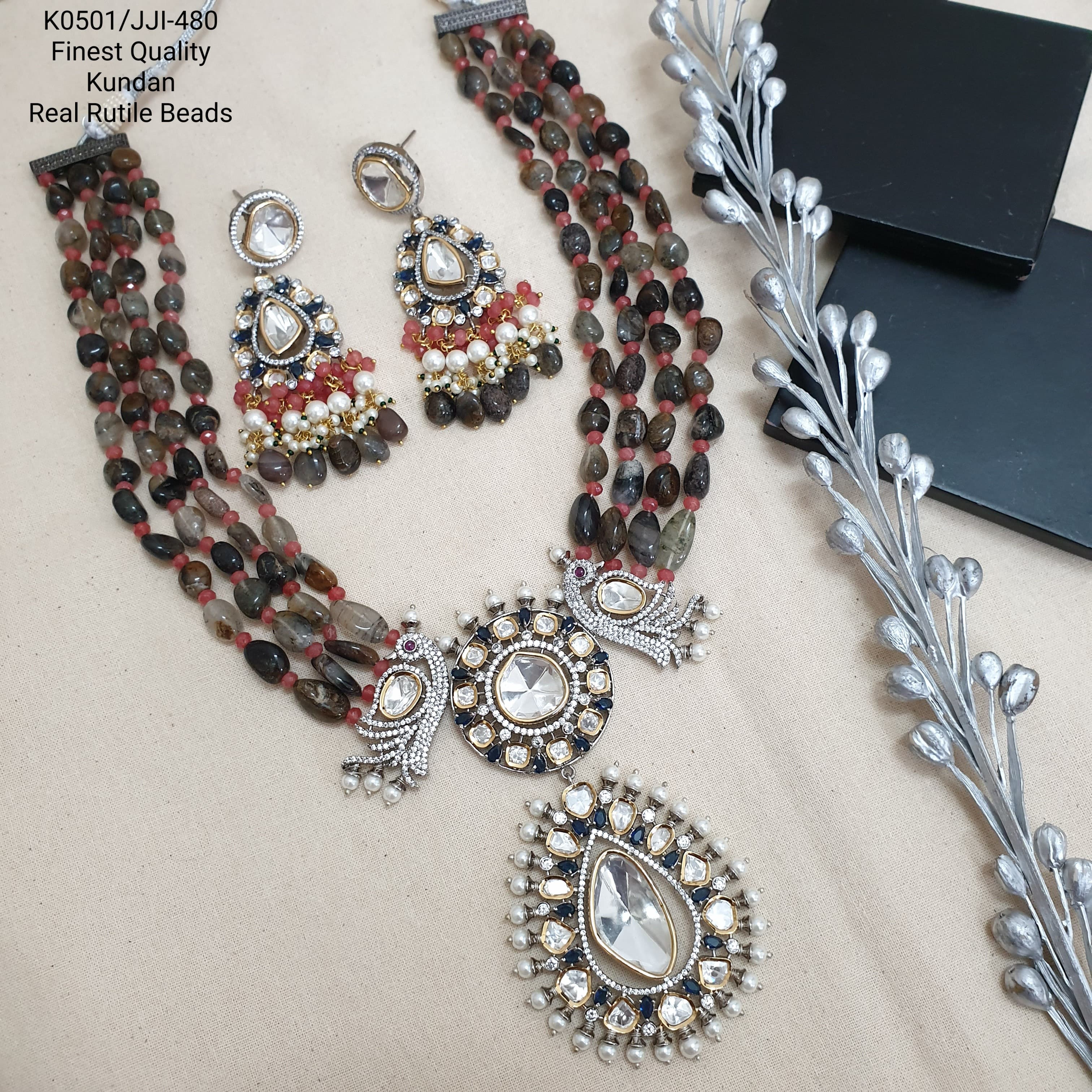 Grey Uncut Mossansite Kundan Bird Pendant Set