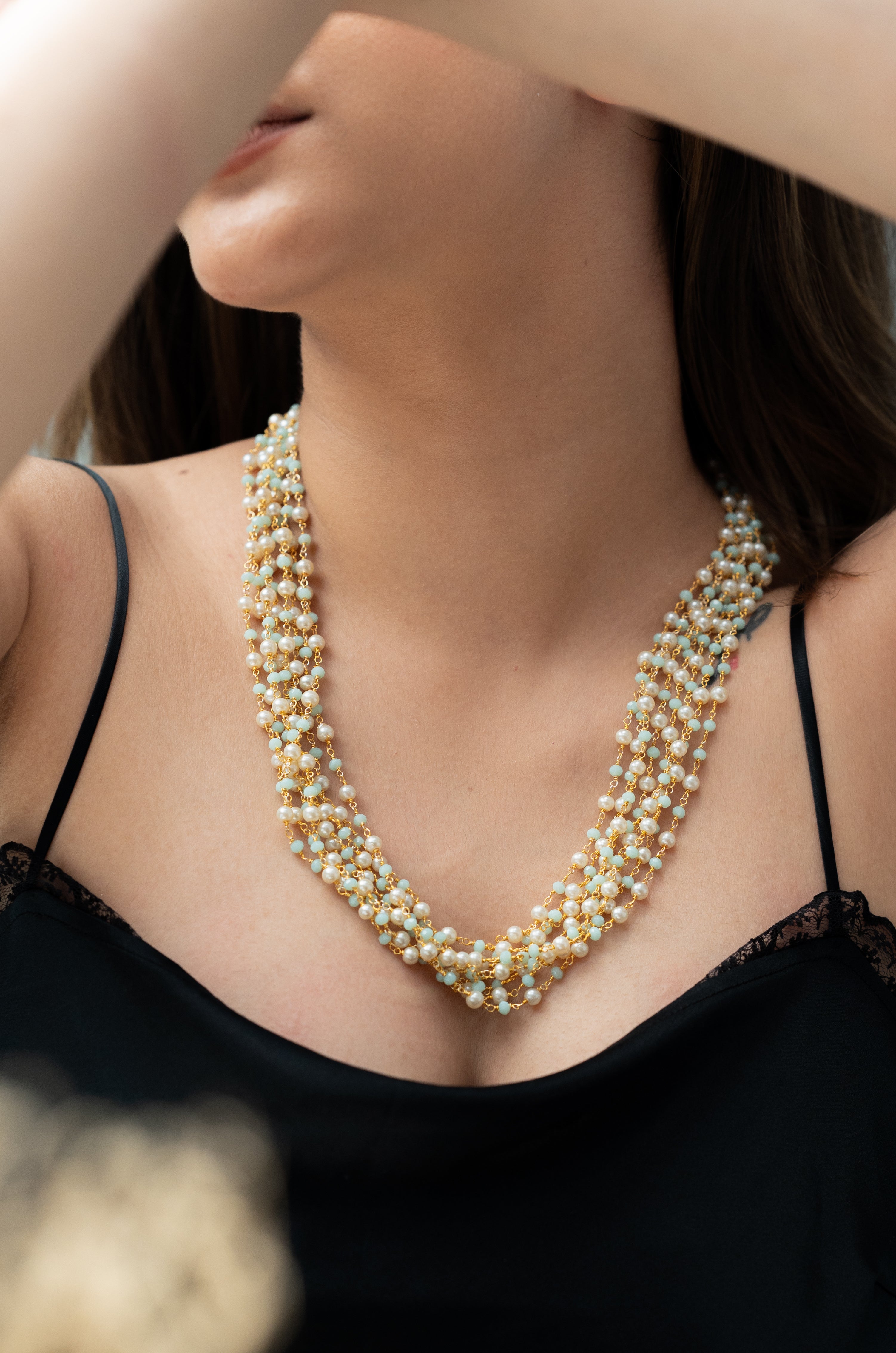 Gold Tone Small Turquoise And Pearl Beaded Necklace