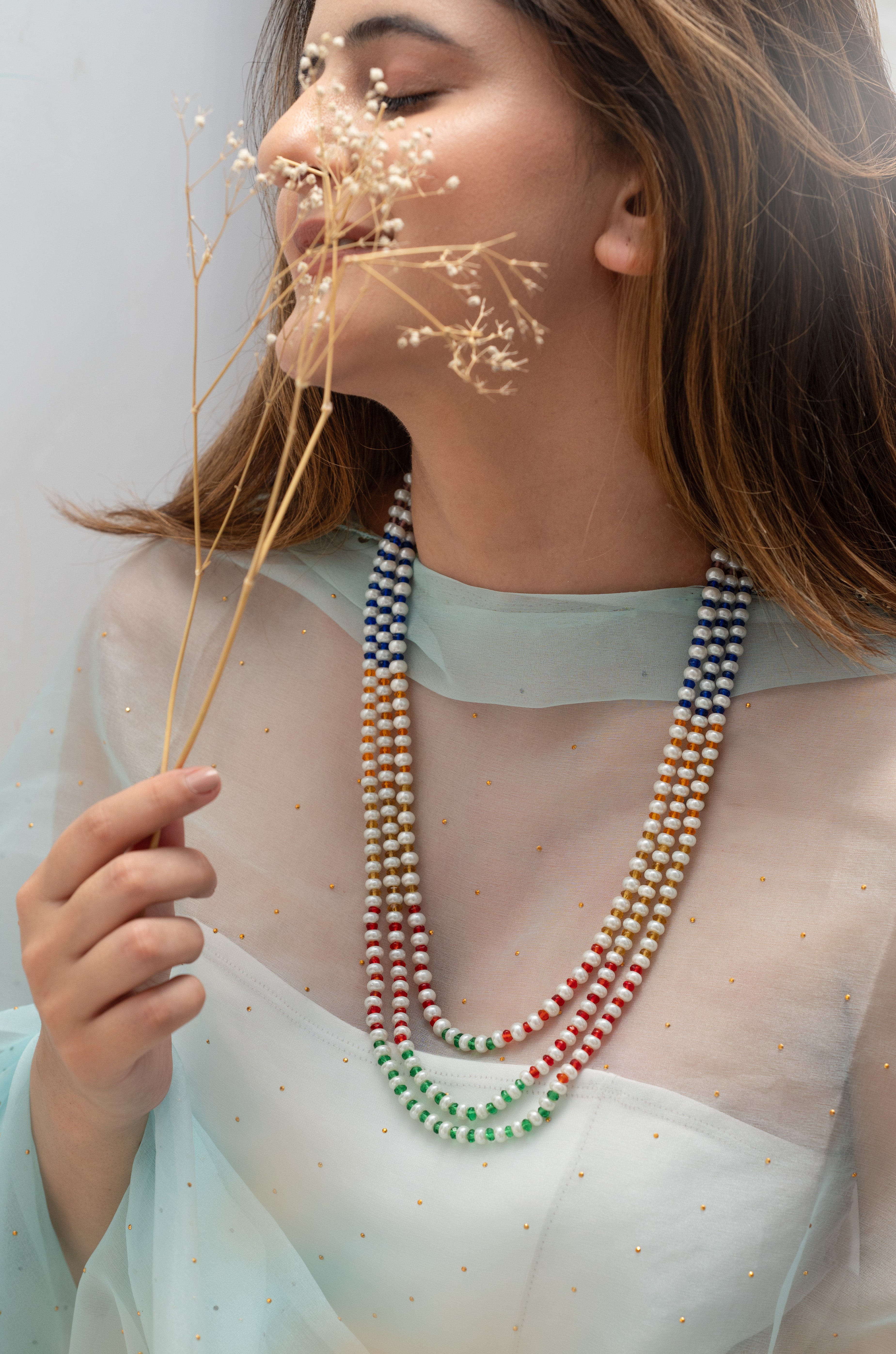 Multi Stone Three Layered Pearl Necklace