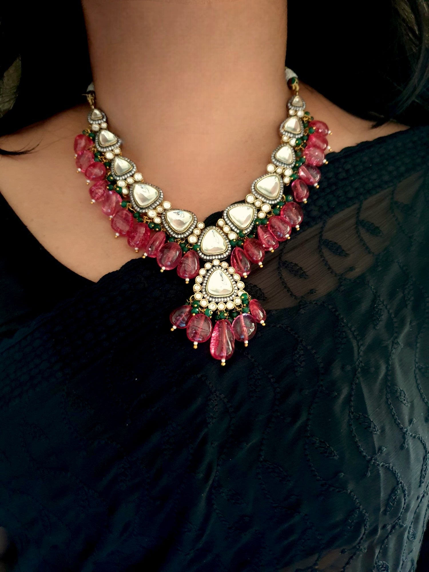 Kundan Polki Tourmaline Beaded Necklace With Earrings