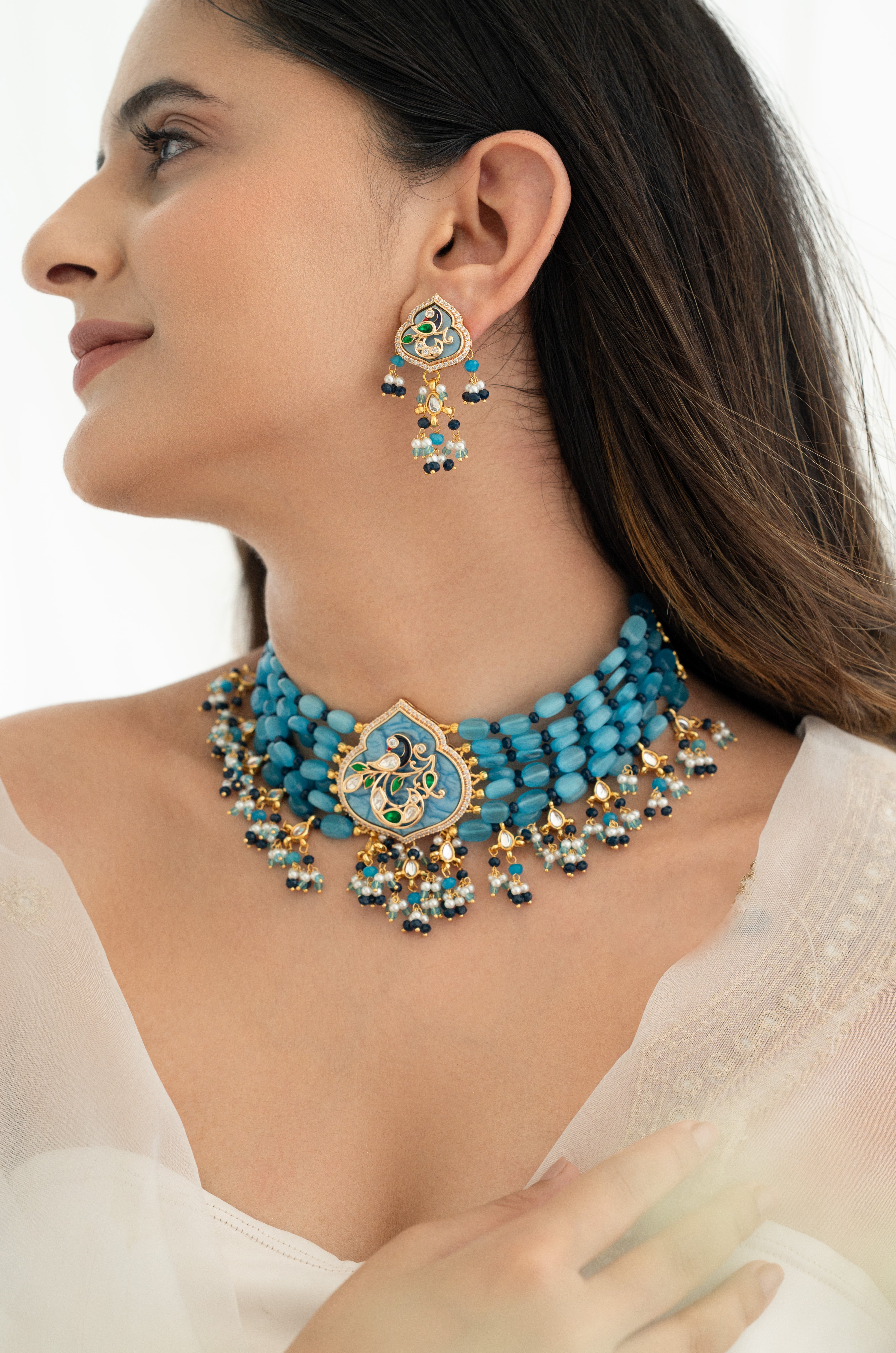 Blue Beaded Choker with Intricate Kundan Detailing