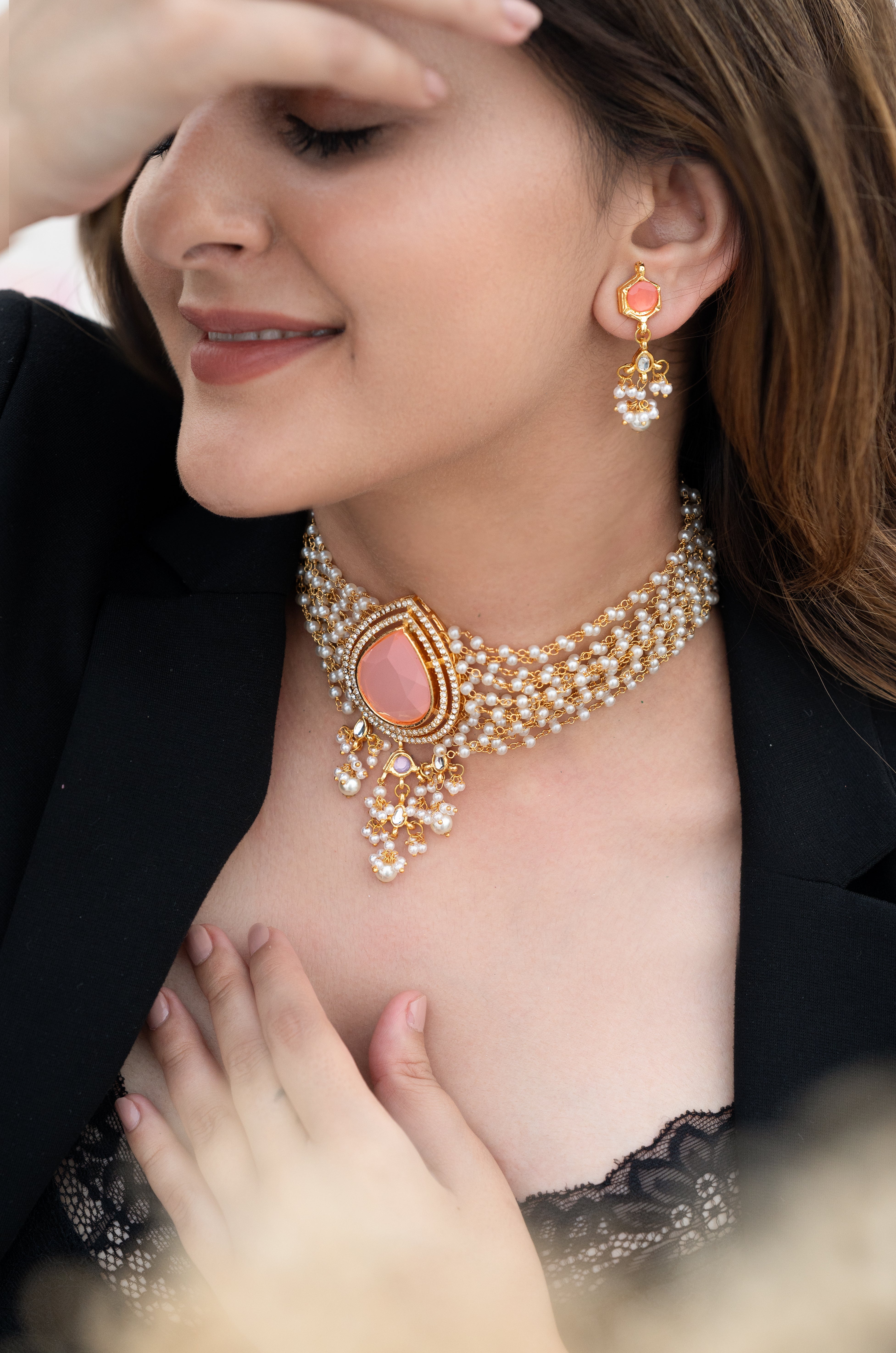 Pink Stone Pearl Beaded Choker Necklace Set