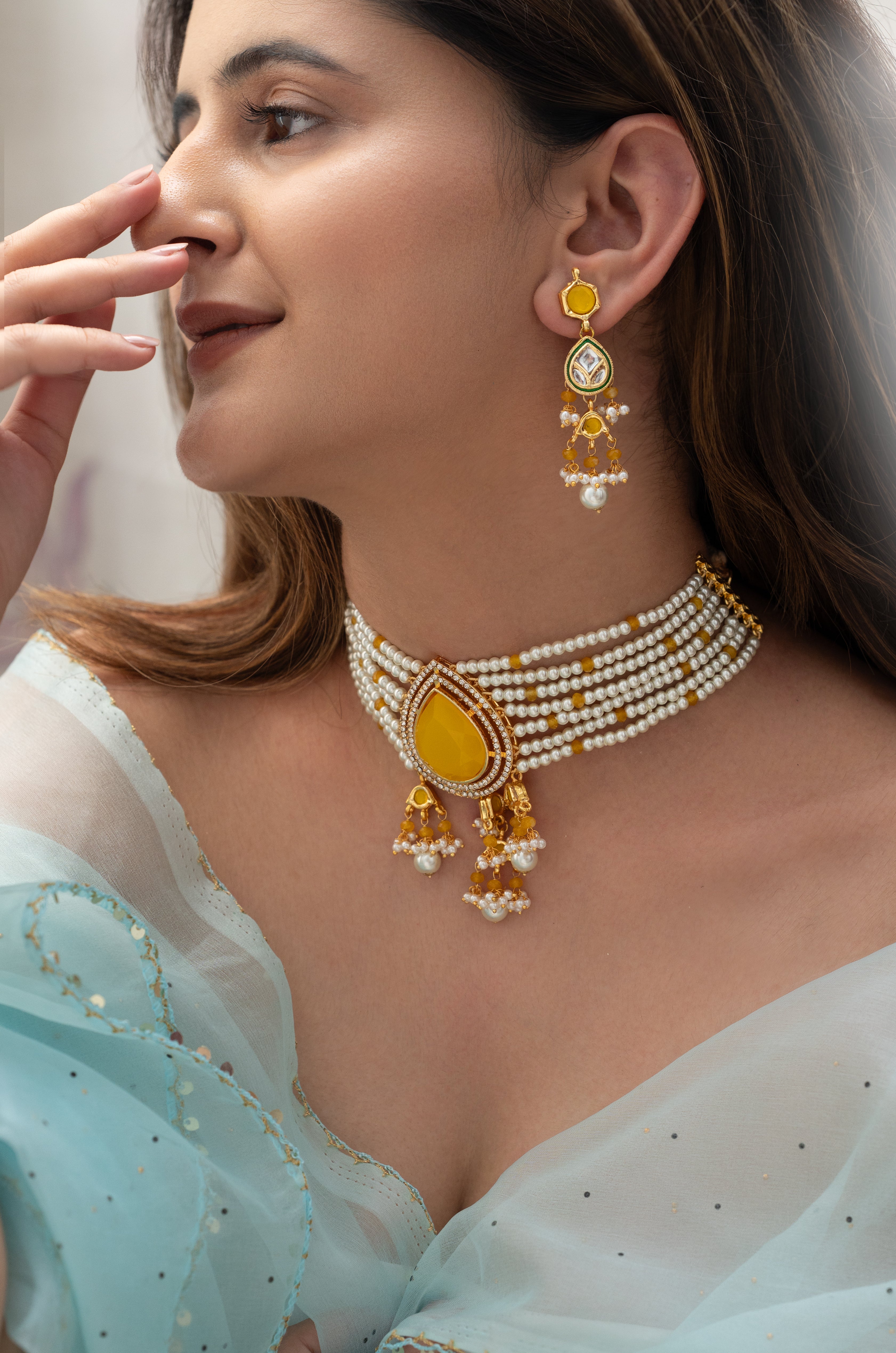 Yellow Stone Pearl Beaded Choker Necklace Set