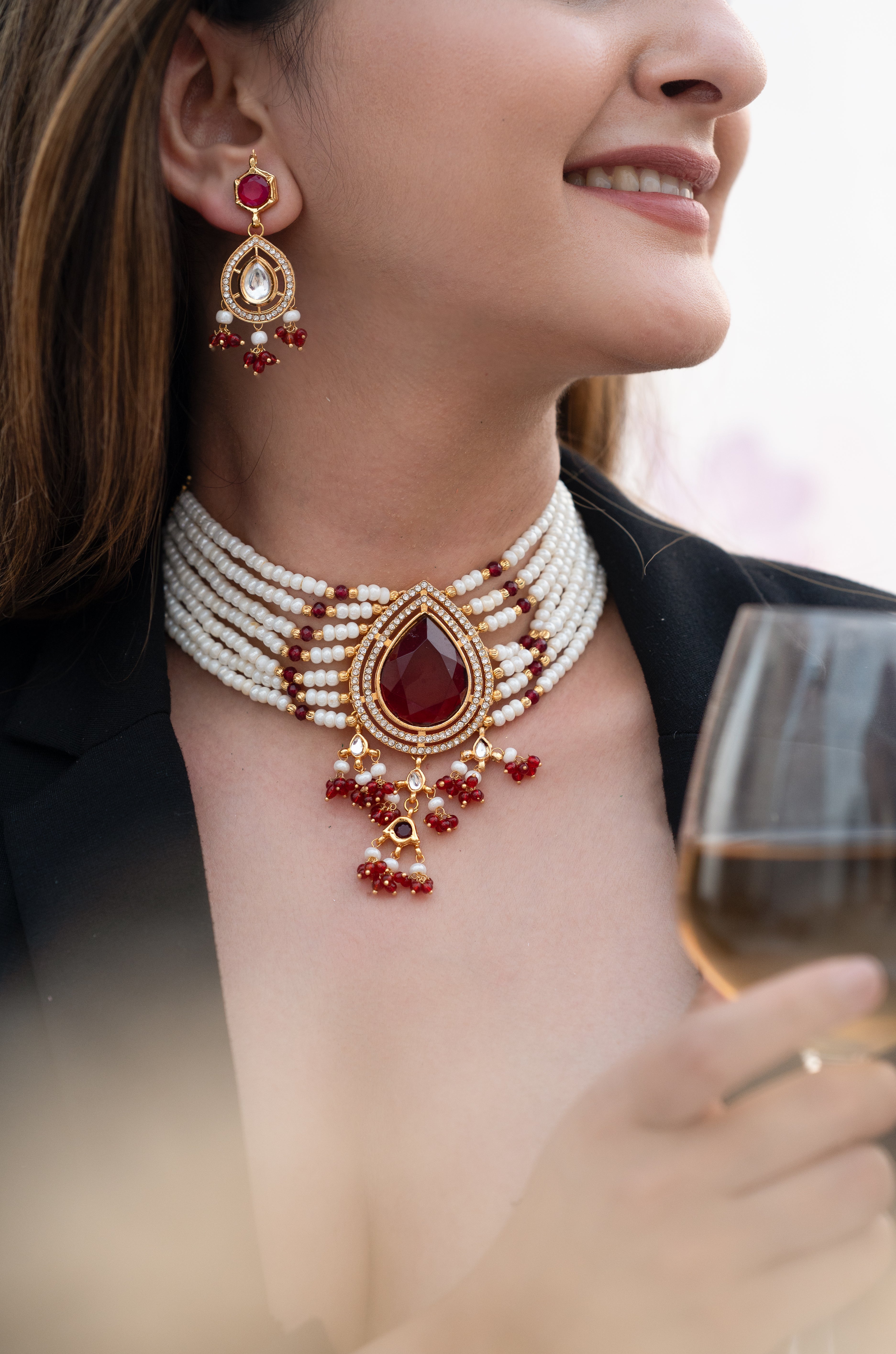 Red Stone White Beaded Choker Necklace Set