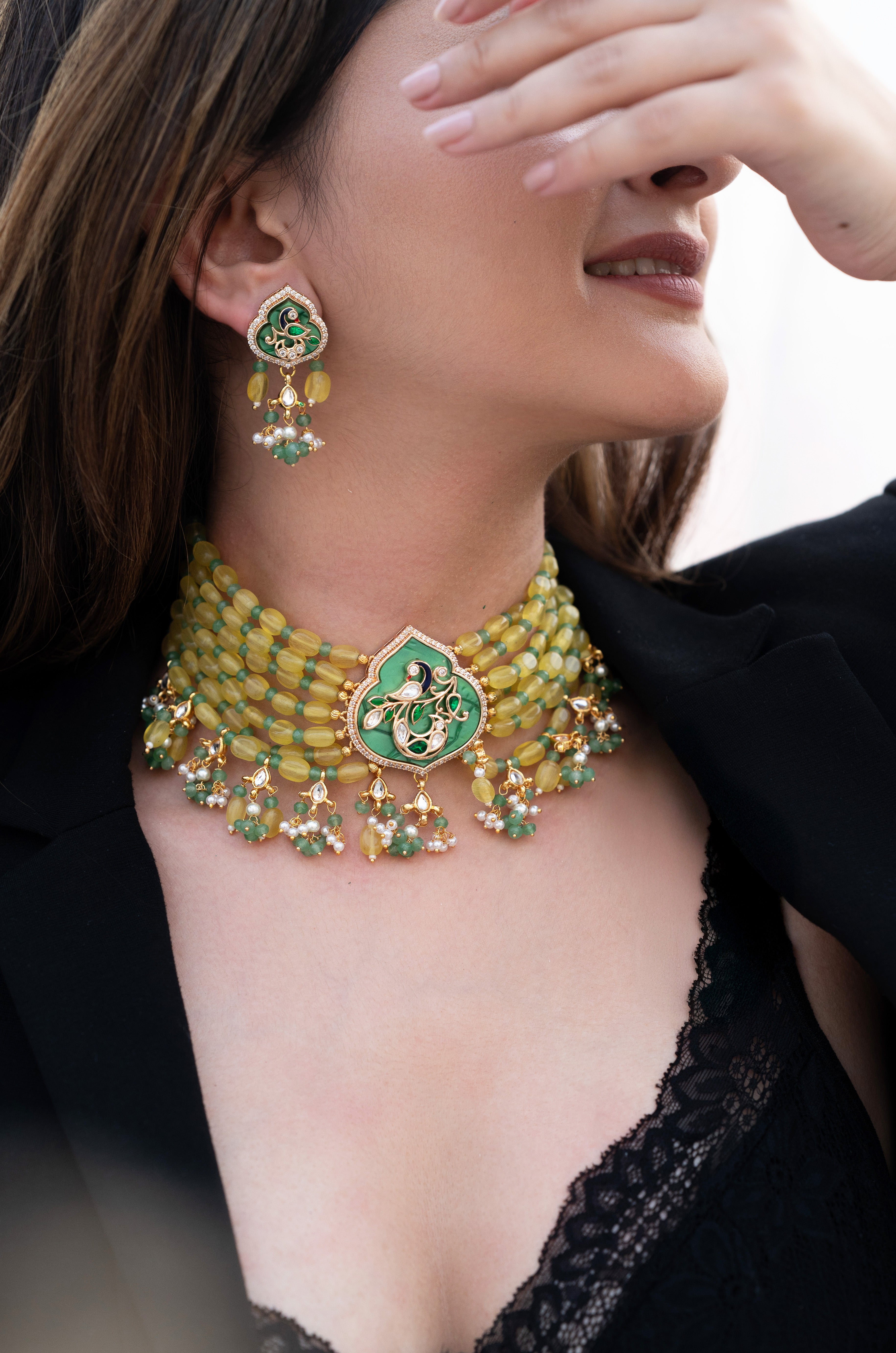 Yellow Beaded Choker with Intricate Kundan Detailing