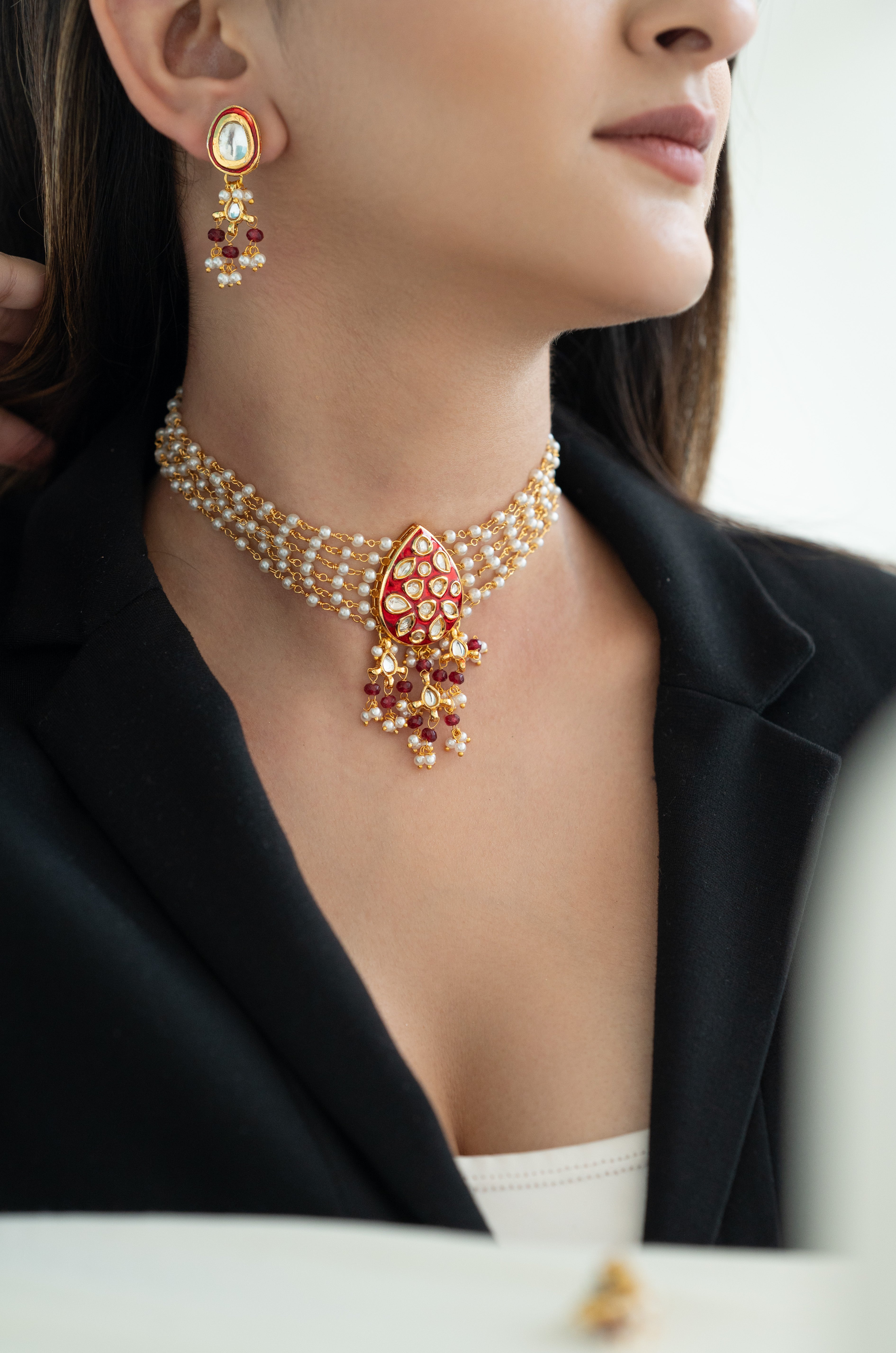 Pearl Kundan Choker Necklace Set with Red Enamel Pendant