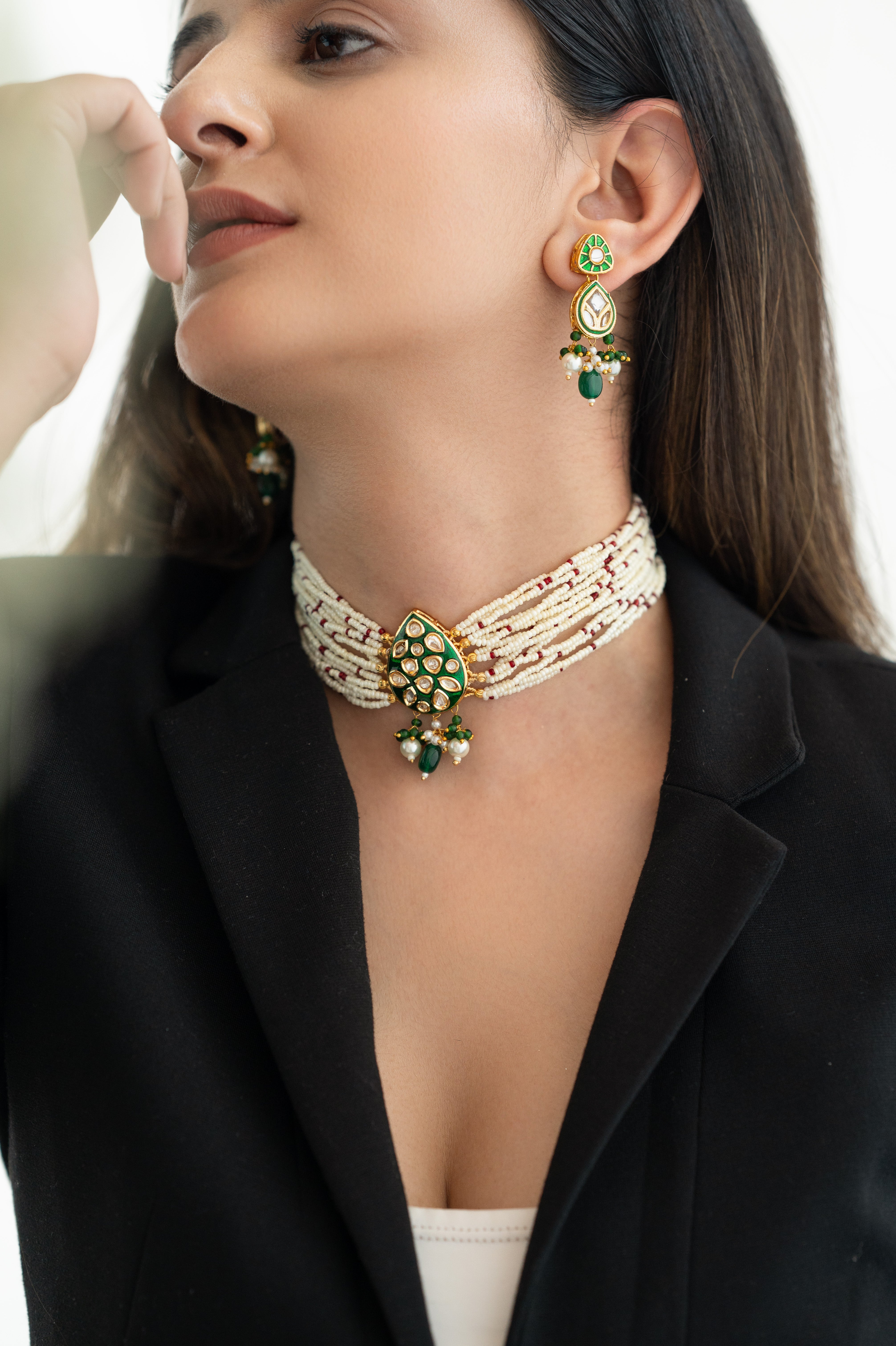 Handcrafted Pearl Kundan Choker Necklace Set with Emerald Green Enamel