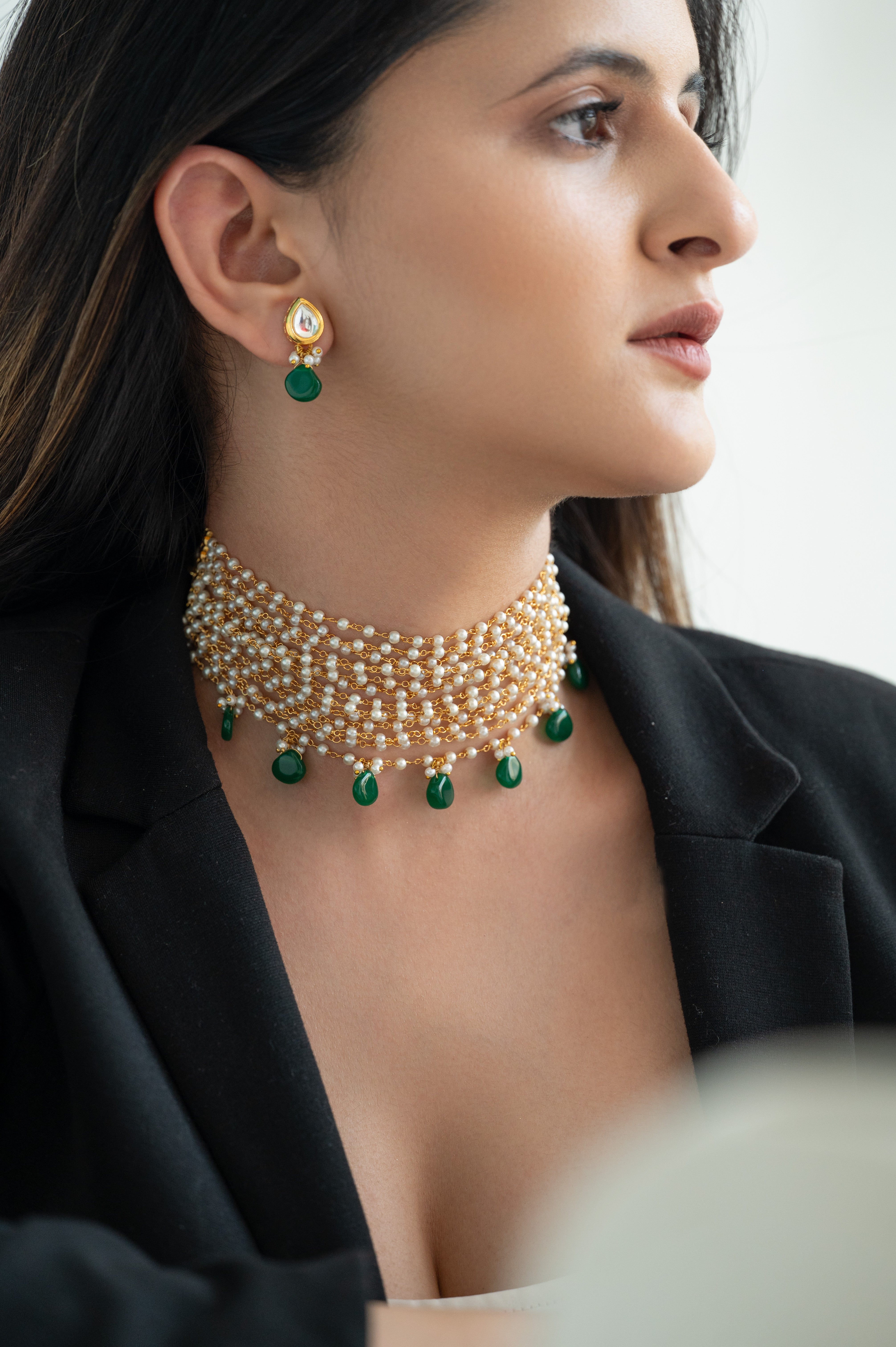 Handmade Pearl & Green Stone Choker Necklace with Earrings