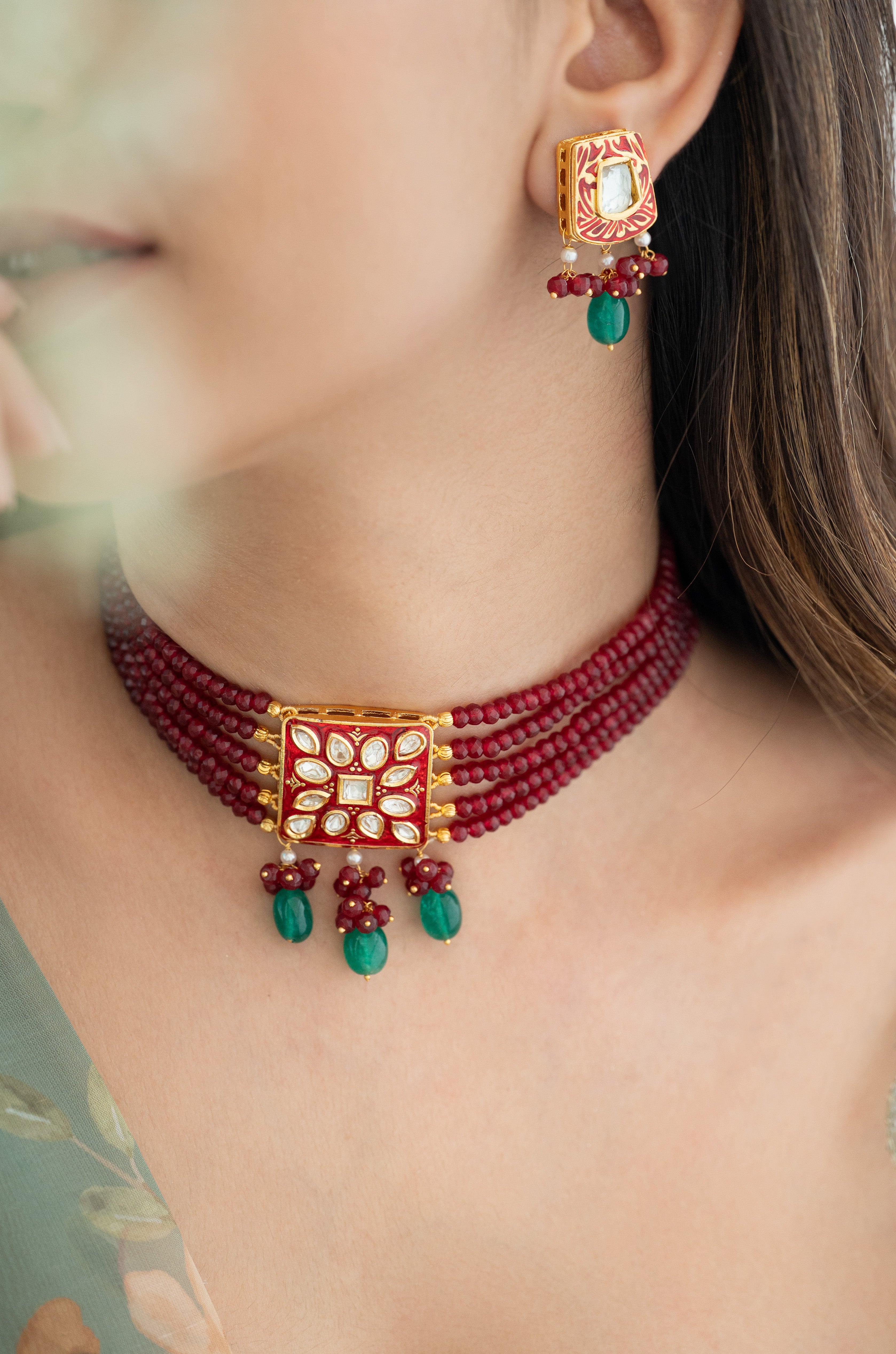 Kundan Red Beaded Choker Necklace Set with Green Drops