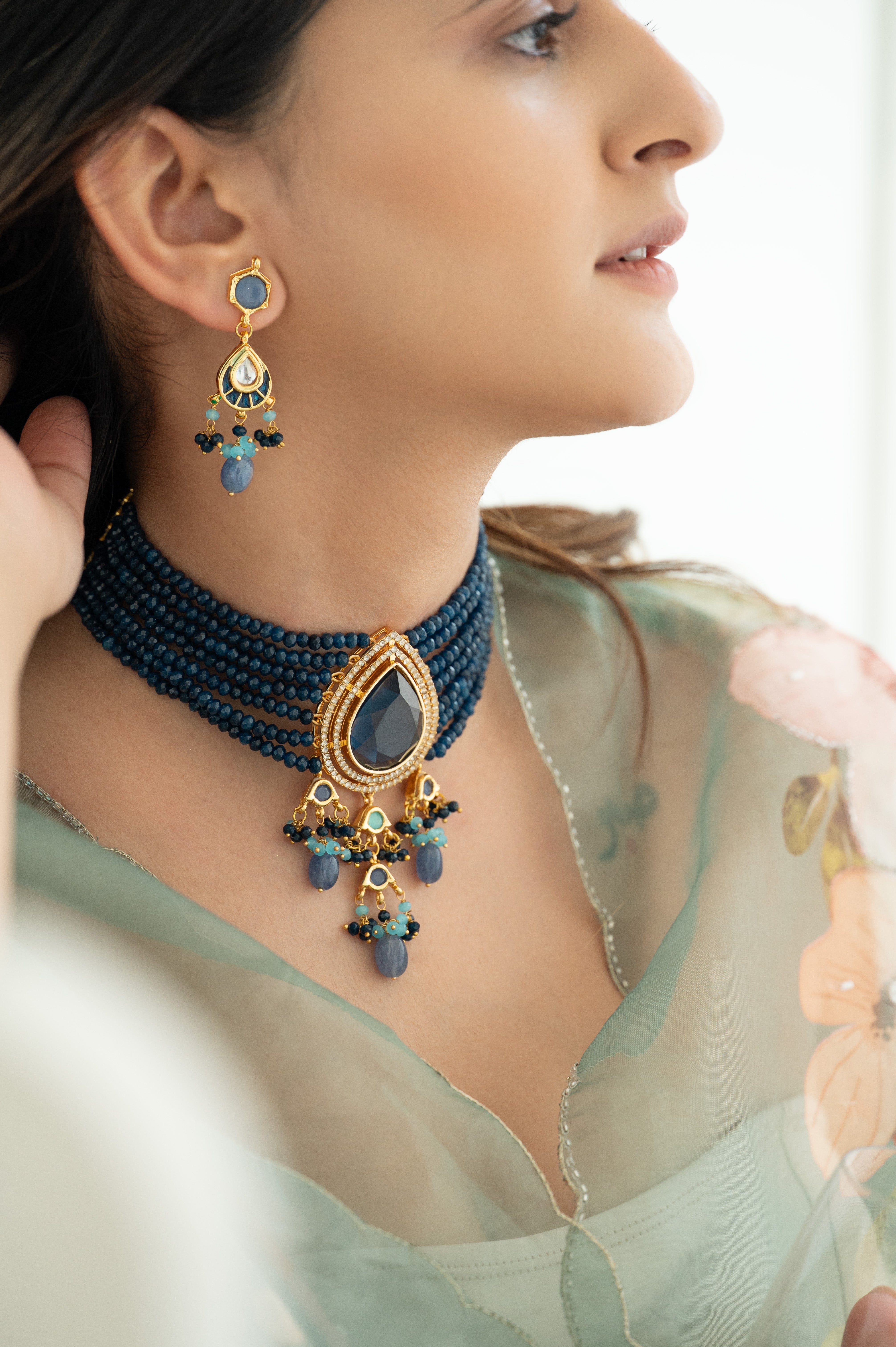 Handmade Blue Beaded Kundan Choker Necklace Set with Earrings