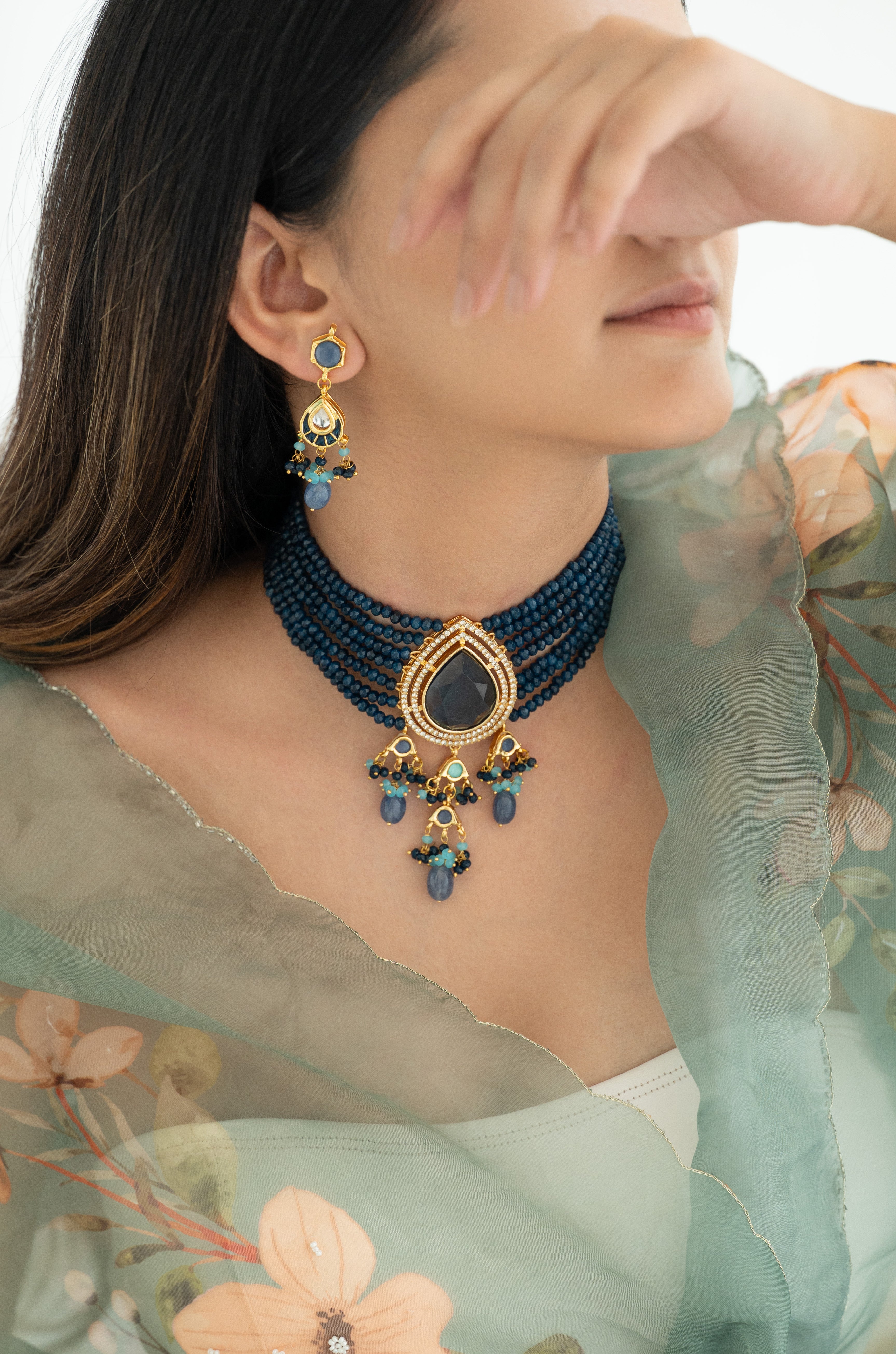Handmade Blue Beaded Kundan Choker Necklace Set with Earrings