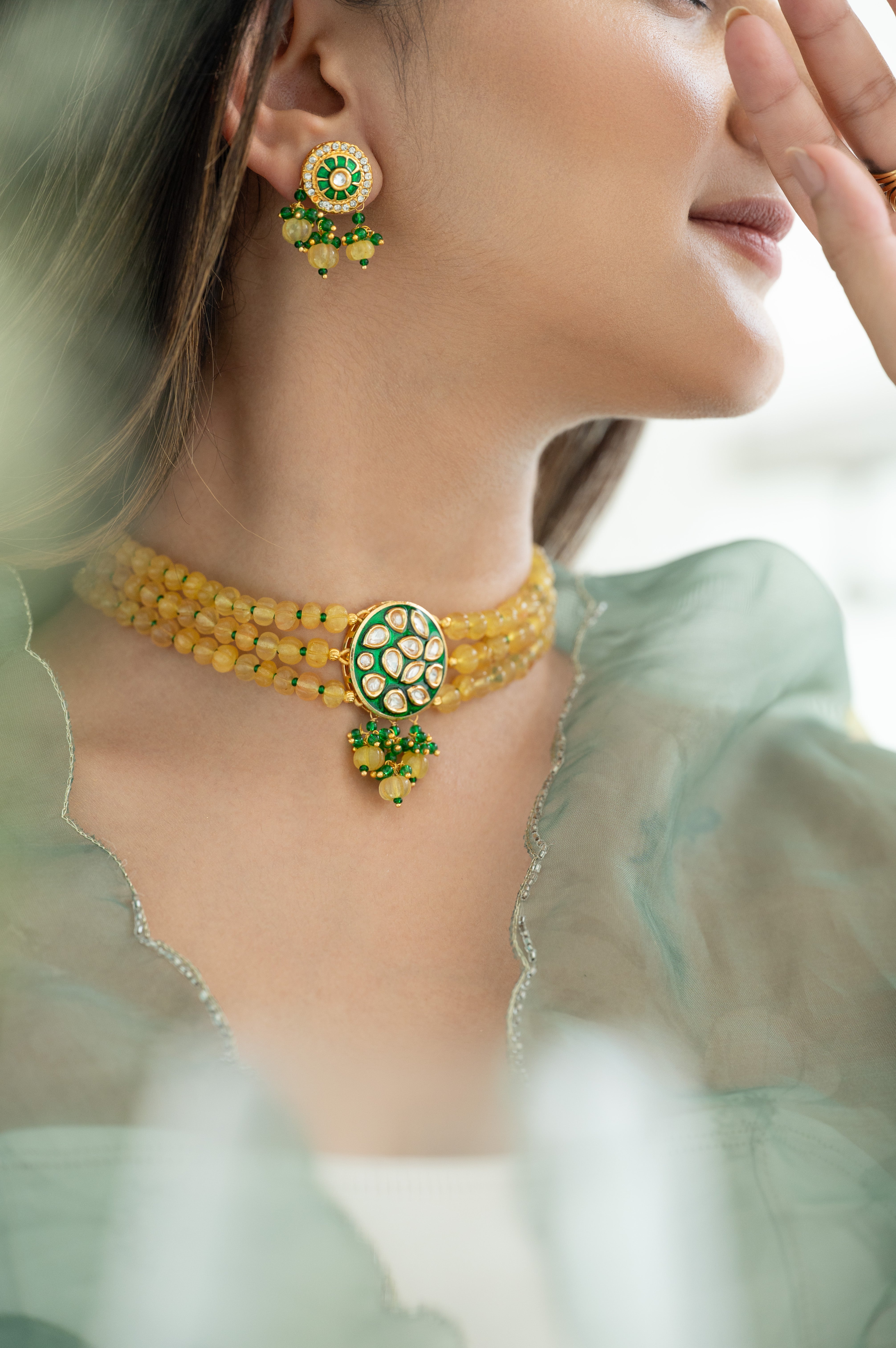 Kundan Yellow Beaded Choker Necklace Set with Green Enamel