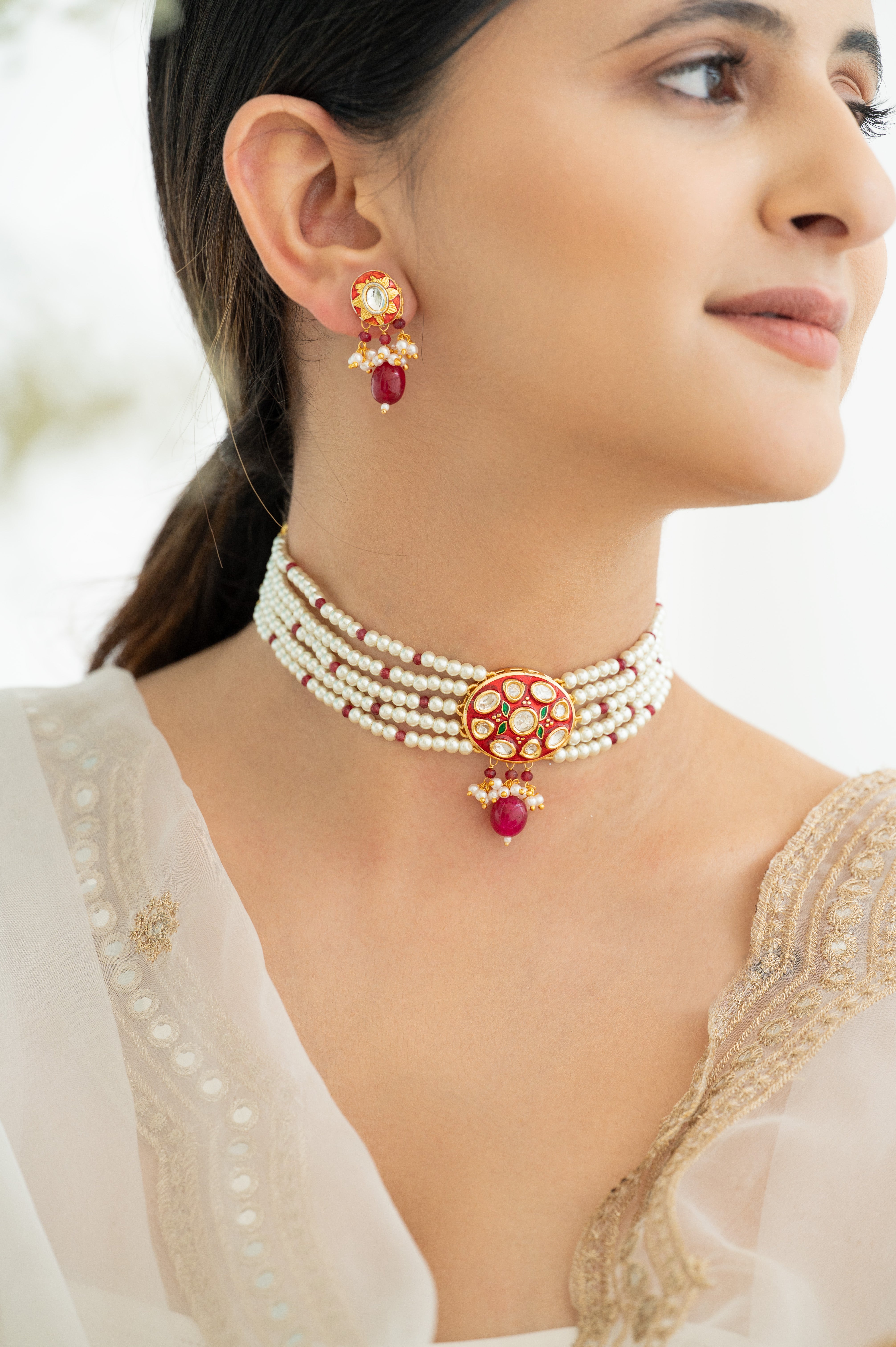 Traditional Kundan Pearl Choker Necklace Set with Ruby Red Drops