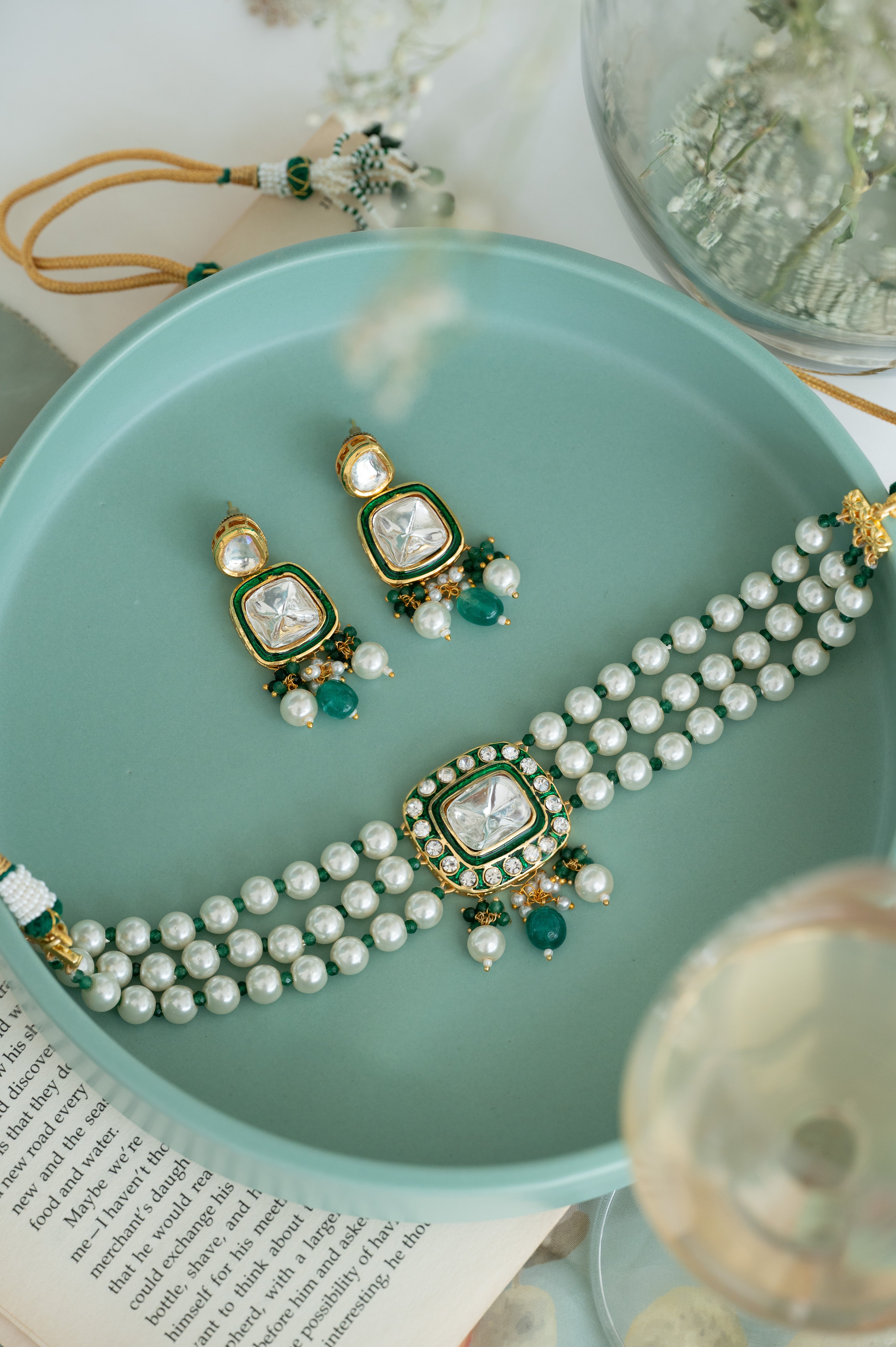 Kundan Pearl Choker Necklace Set with Green Stone Drops – Jaipri
