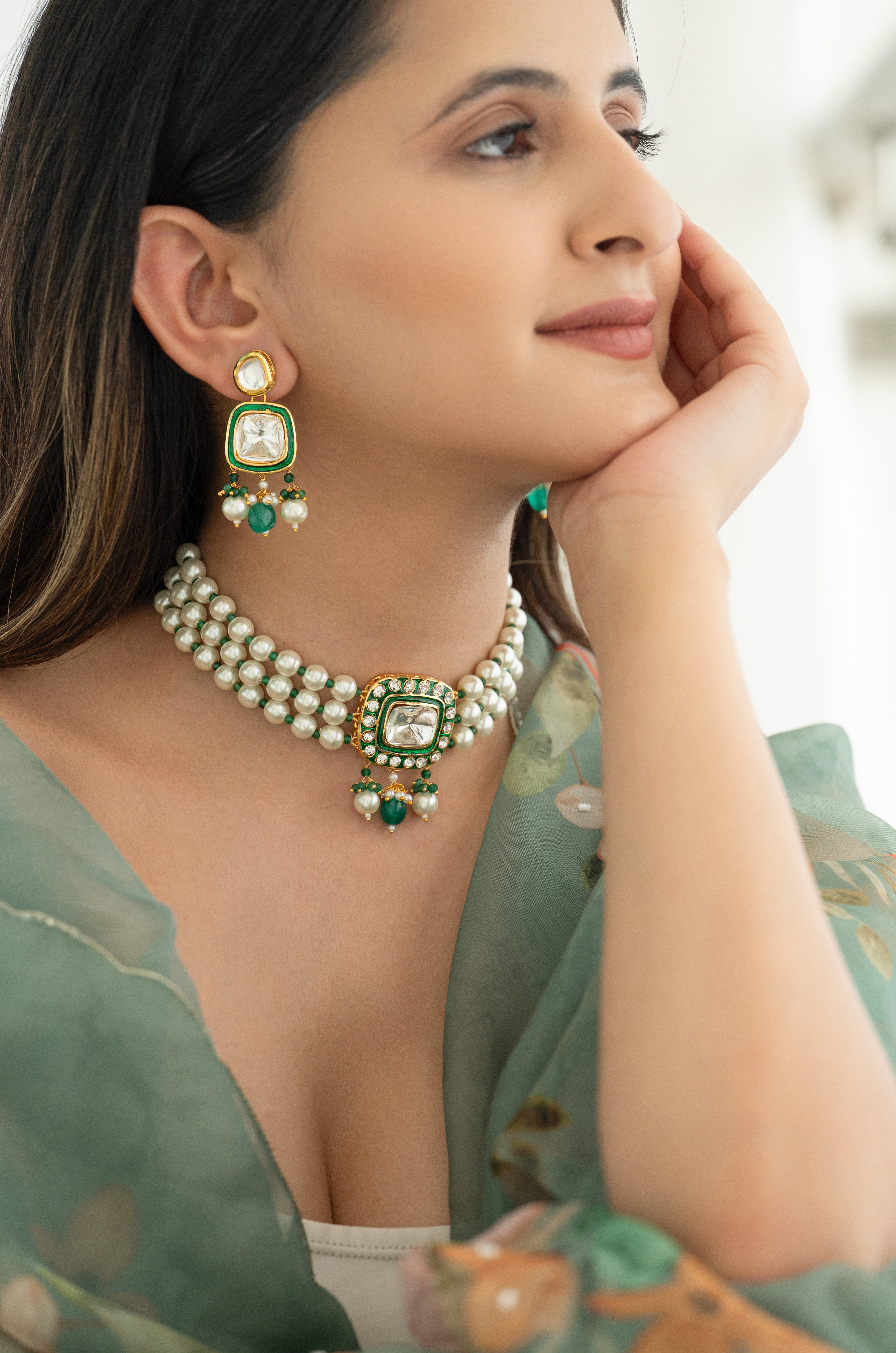 Kundan Pearl Choker Necklace Set with Green Stone Drops