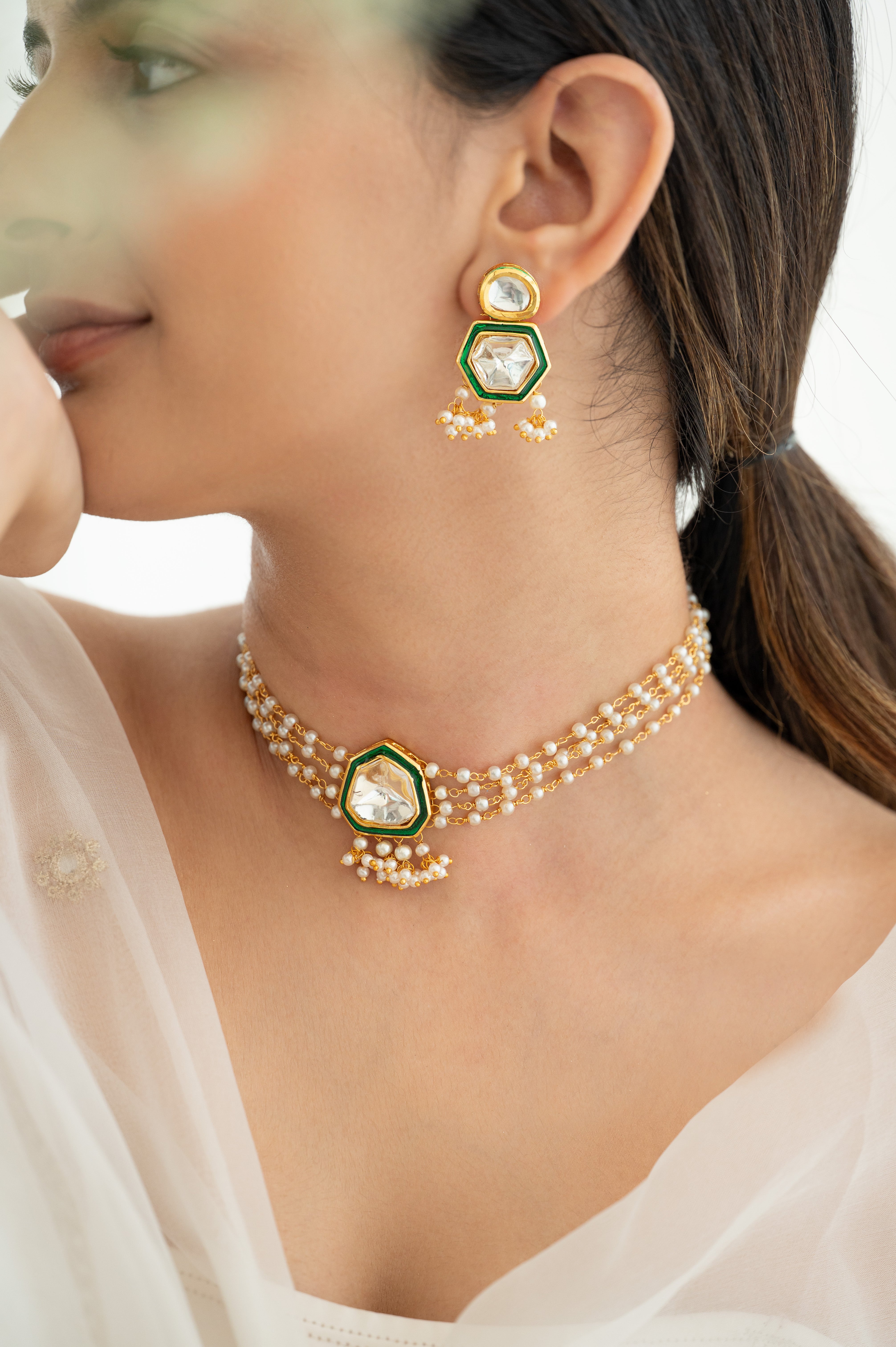 Uncut Kundan Polki Pearl Choker Necklace Set with Green Enamel
