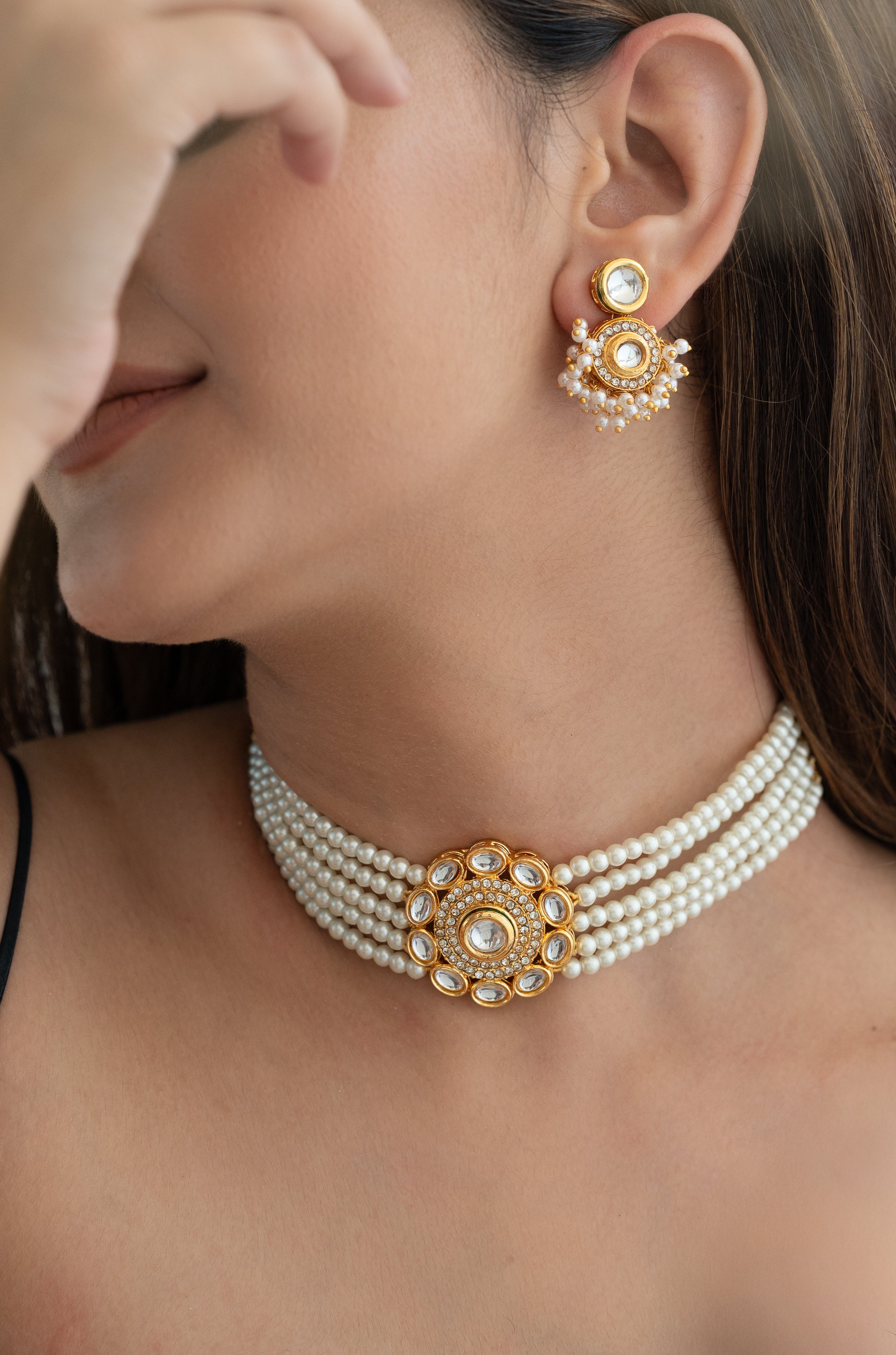 Kundan Stone Pearl Beaded Choker Necklace Set