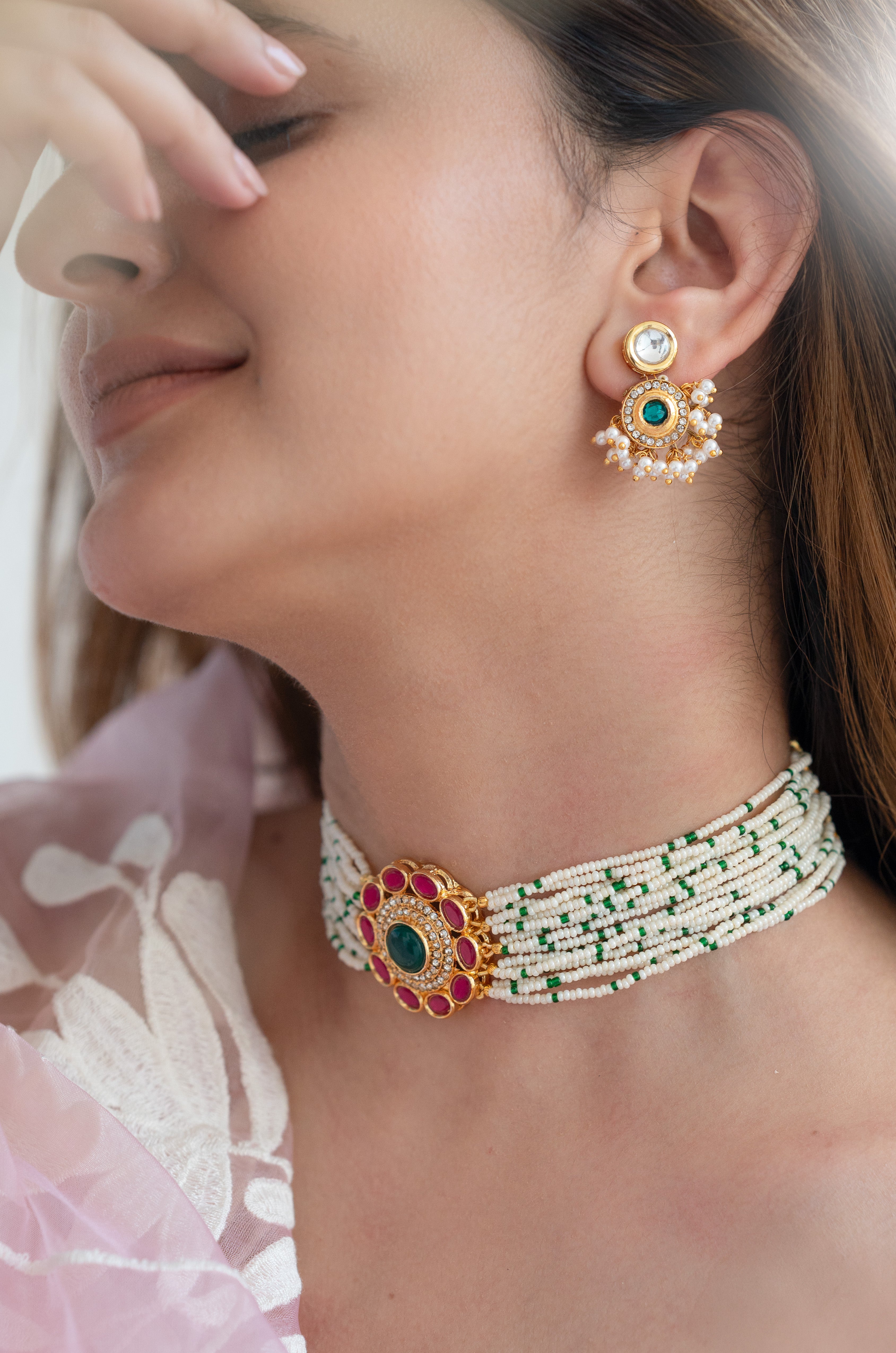 Red Stone Kundan Seed Beaded Choker Necklace Set
