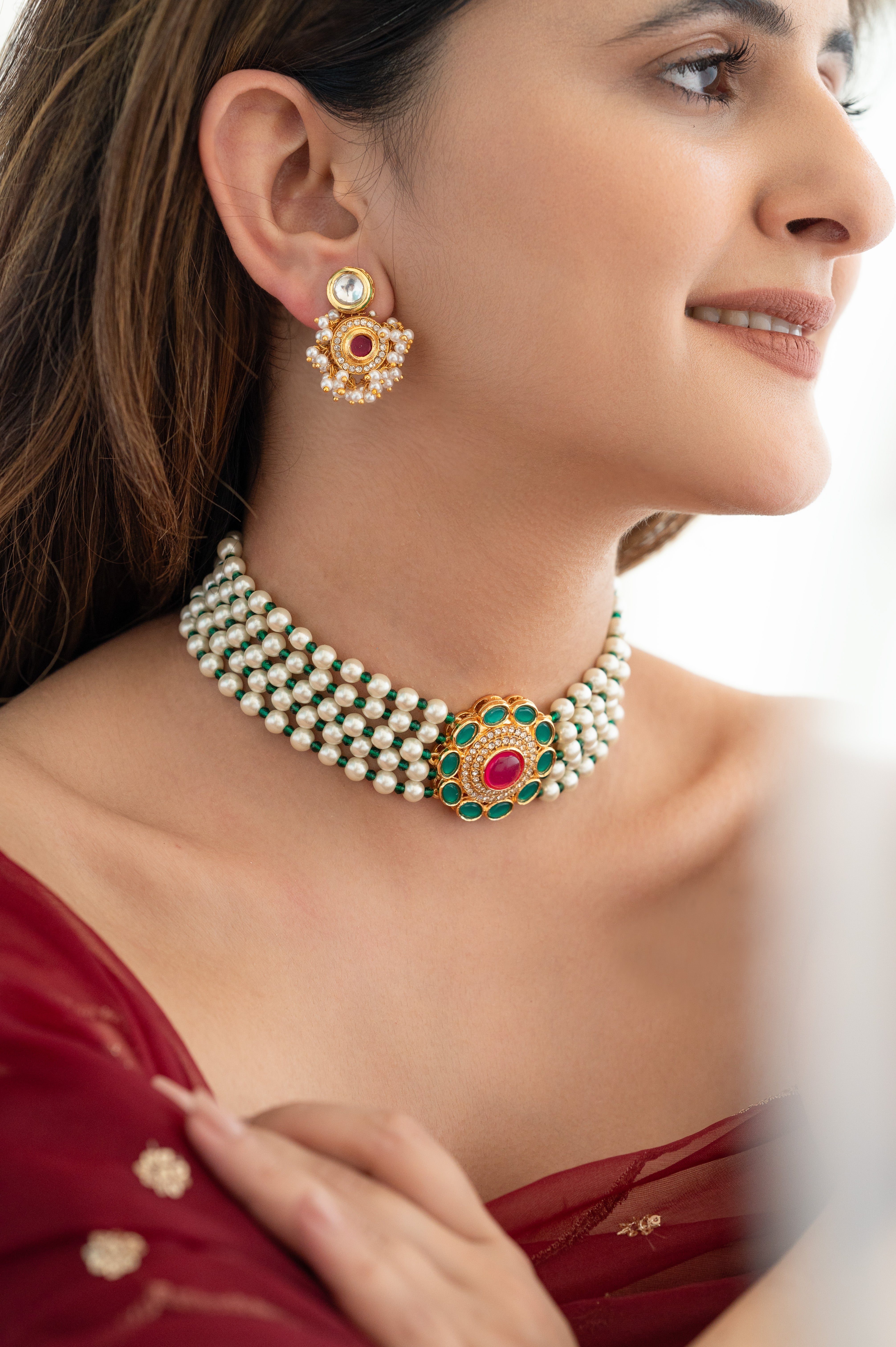 Green Stone Kundan Pearl Beaded Choker Necklace Set