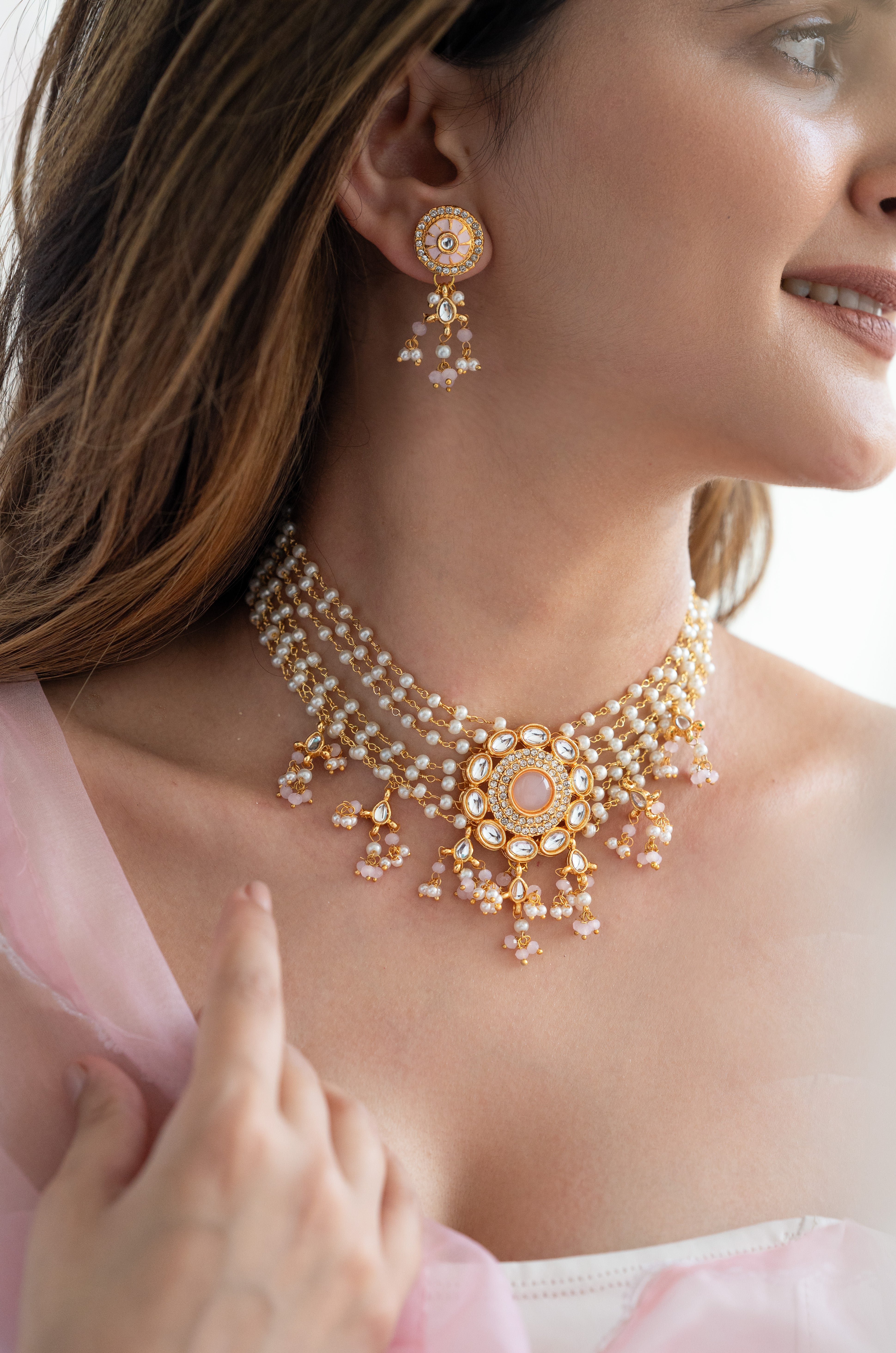 Pink Stone Kundan Pearl Beaded Choker Necklace Set
