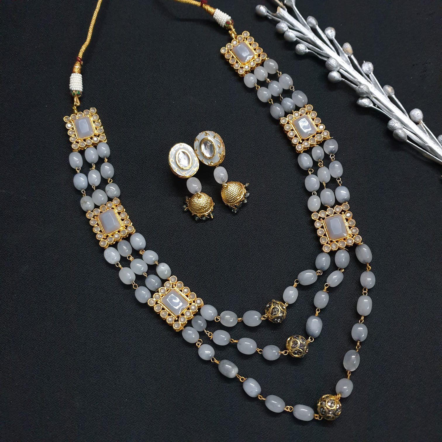 Designer Grey Stone Necklace With Earrings