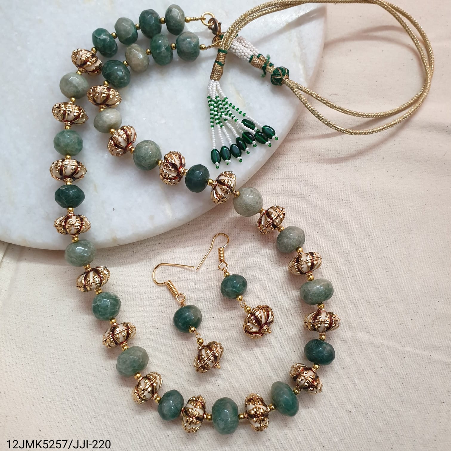 Emerald Green Onyx Meenakari Bead Necklace With Earrings