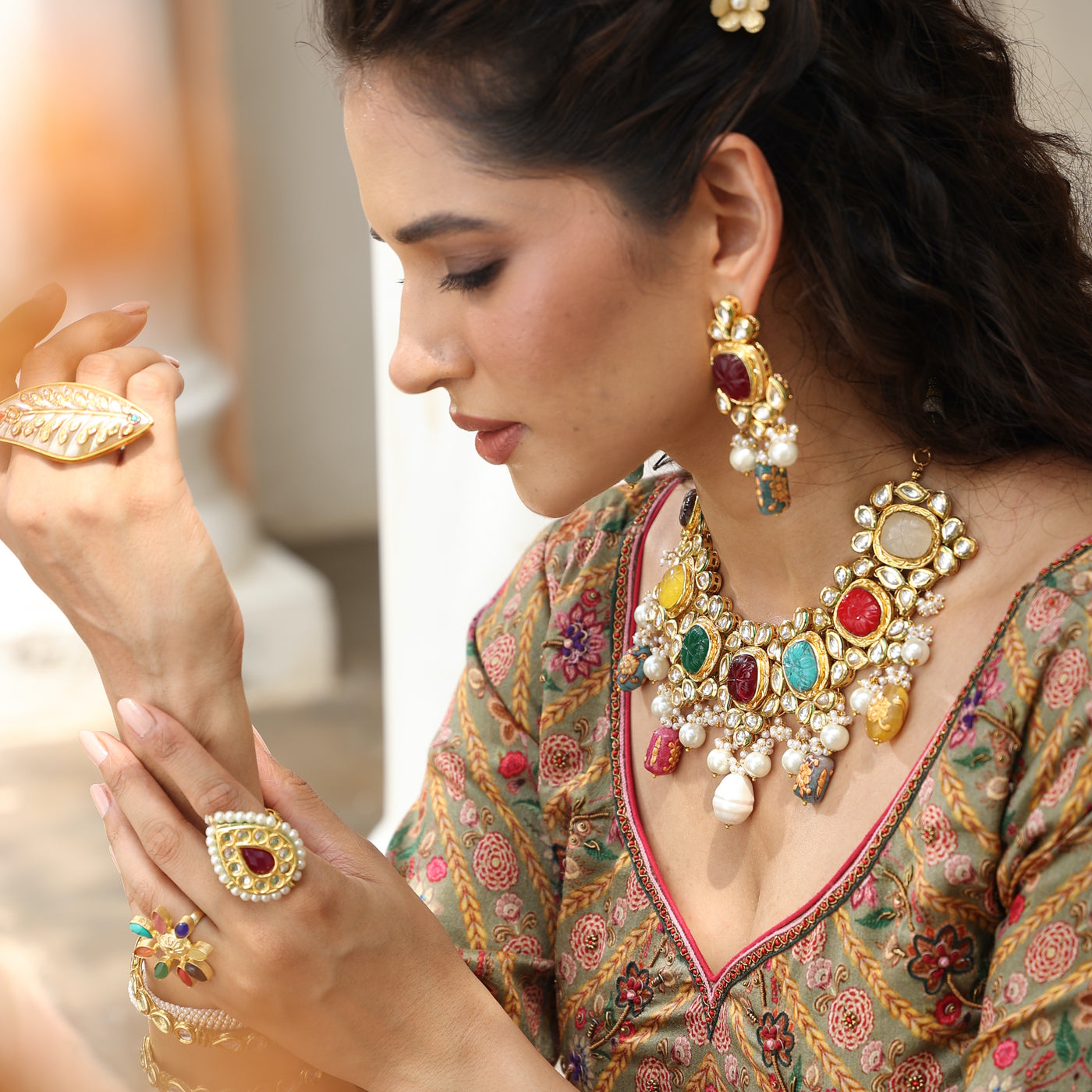 Navratana Stone Kundan Designer Necklace and Earrings With Maang Tikka