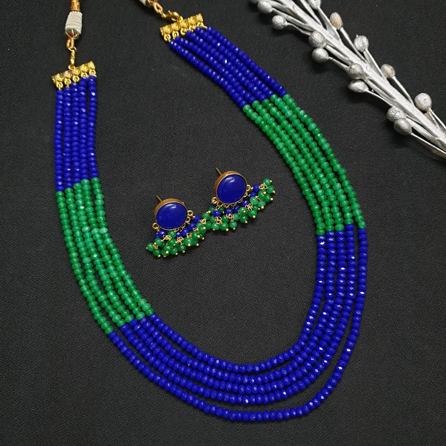 Blue Green Beaded Necklace With Earrings