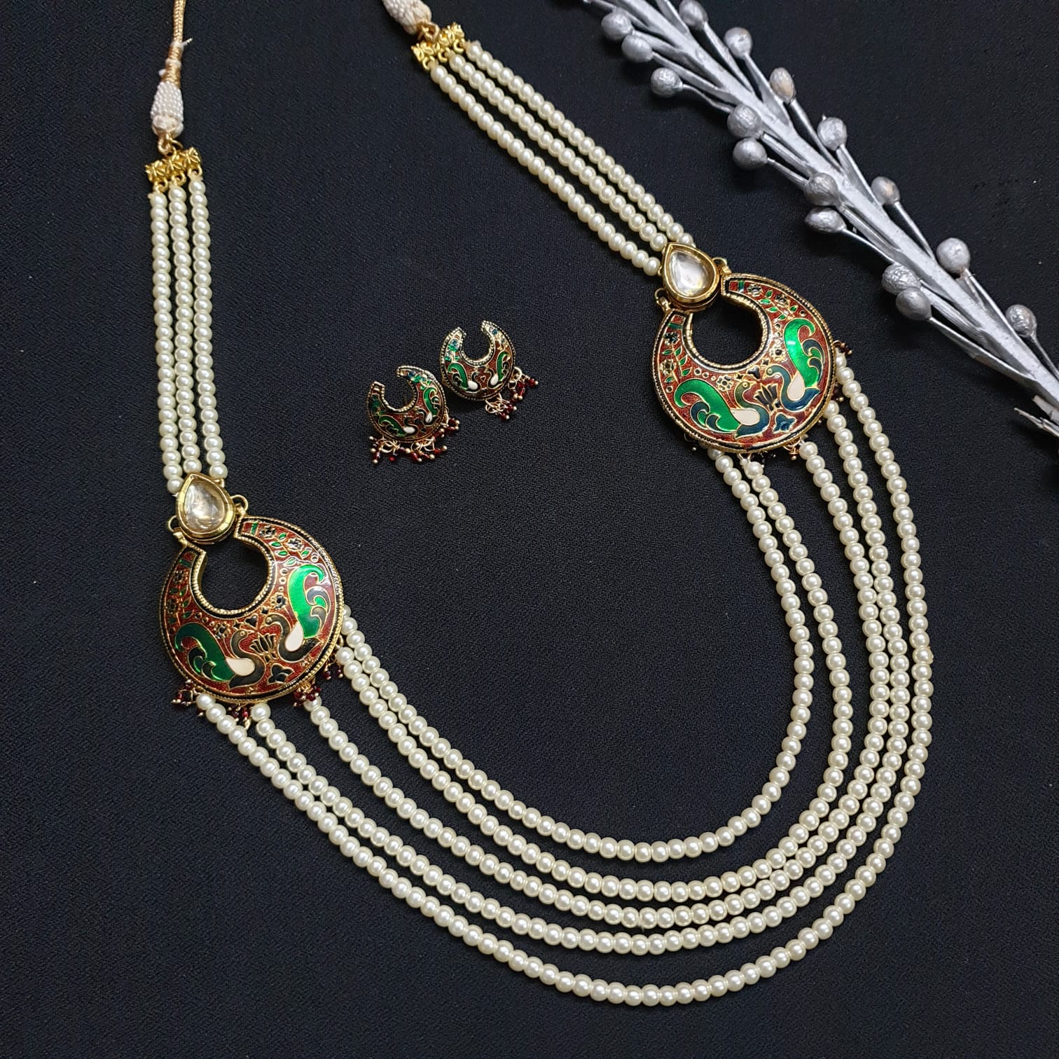 Pearl Beaded Meenakari Necklace With Earrings