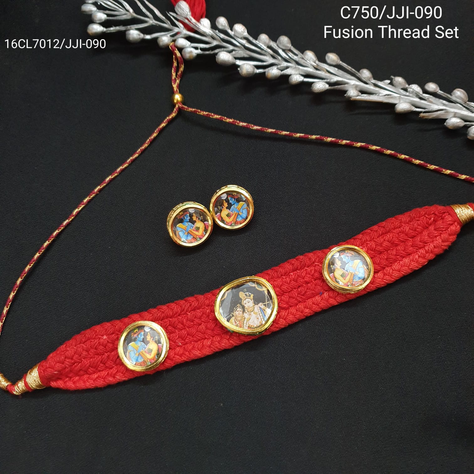 Red Thread Temple Choker Set With Earrings