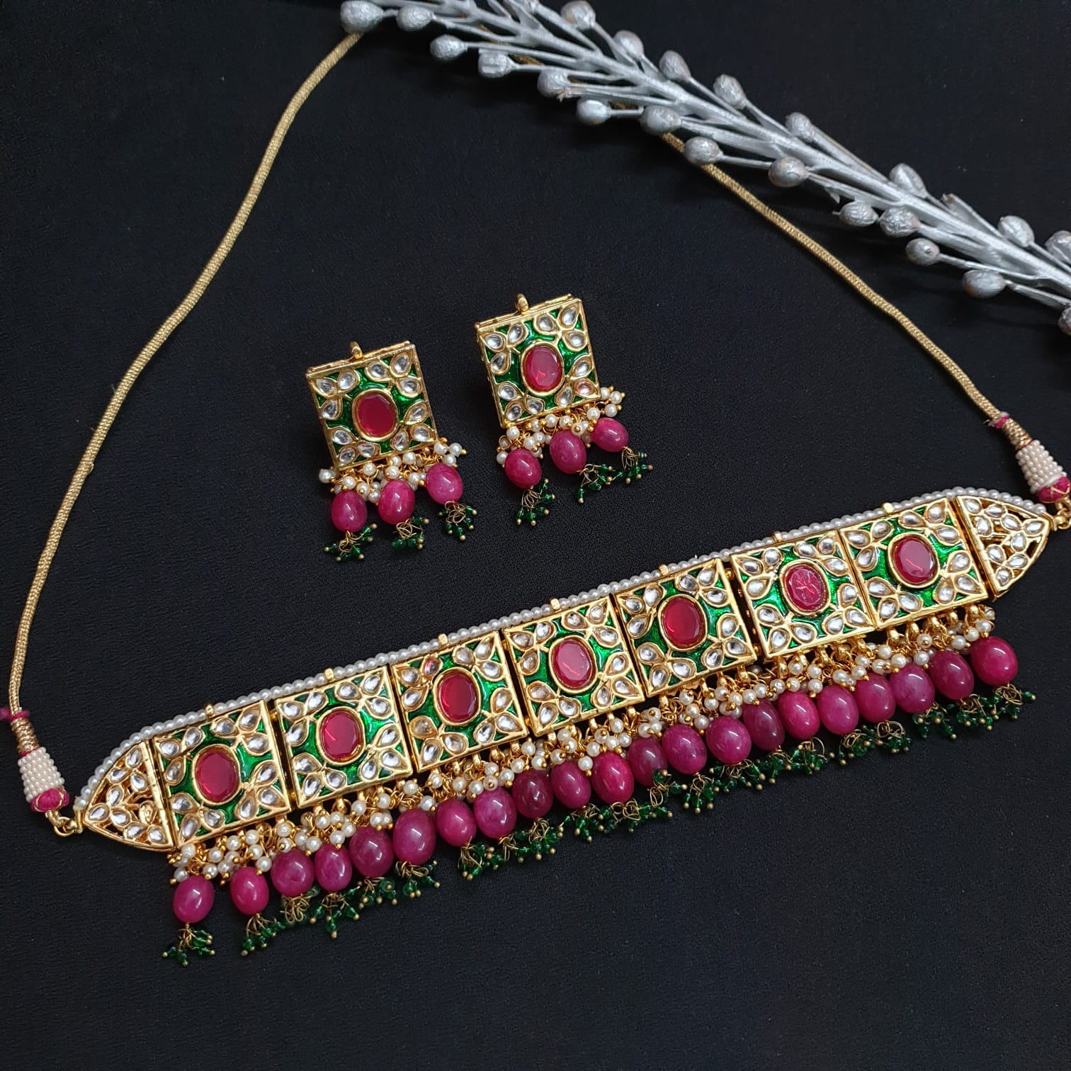 Pink Beaded Meenakari Choker Necklace