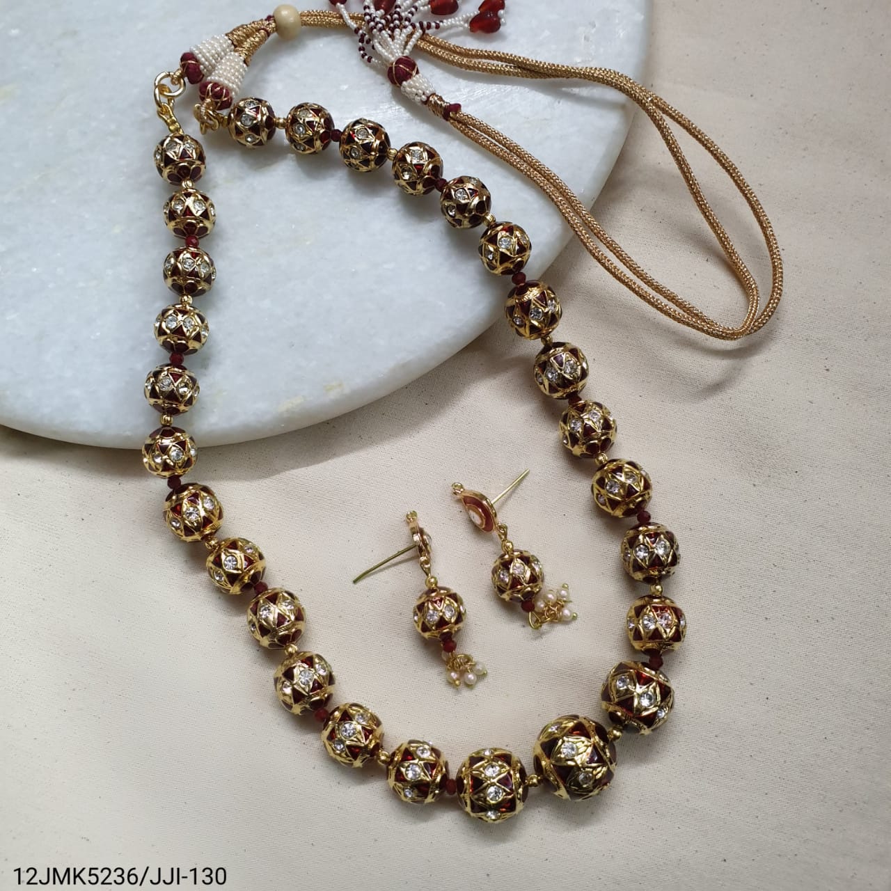 Maroon Meenakari Beaded Necklace With Earrings