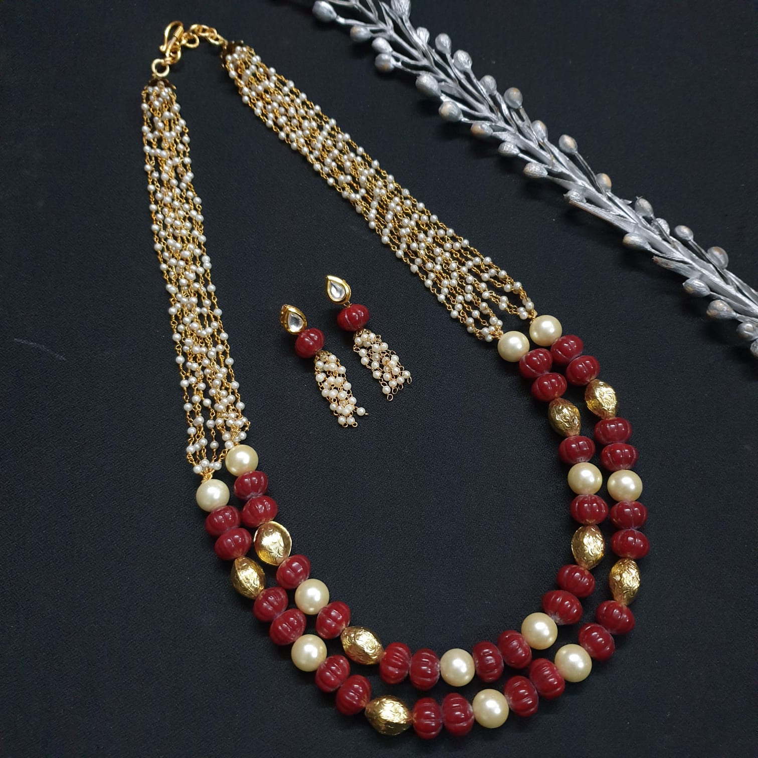Red Pumpkin Pearl Beaded Necklace With Earrings
