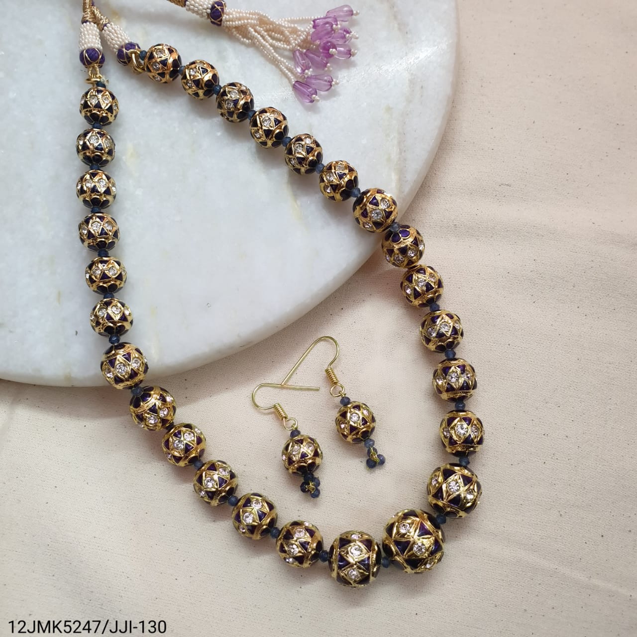 Purple Meenakari Beaded Necklace With Earrings