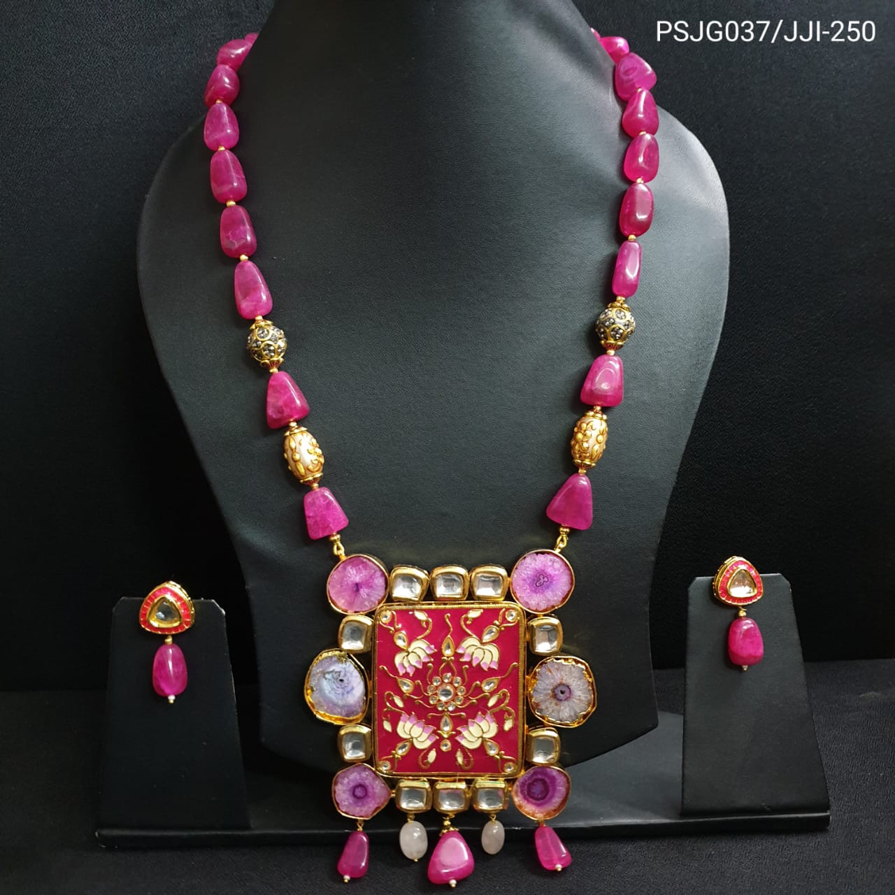 Pink Meenakari Stone Beaded Fusion Set With Earrings