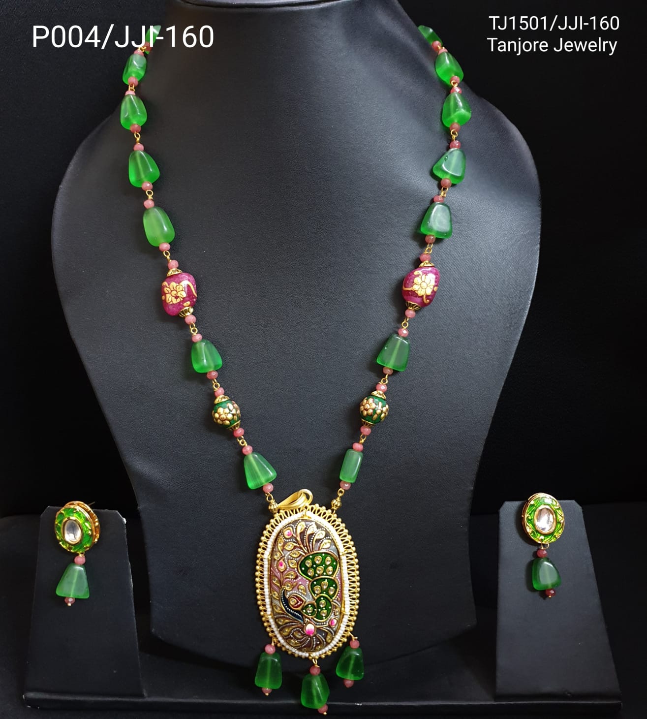 Green Beaded Tanjore Work Pendant Set With Earrings